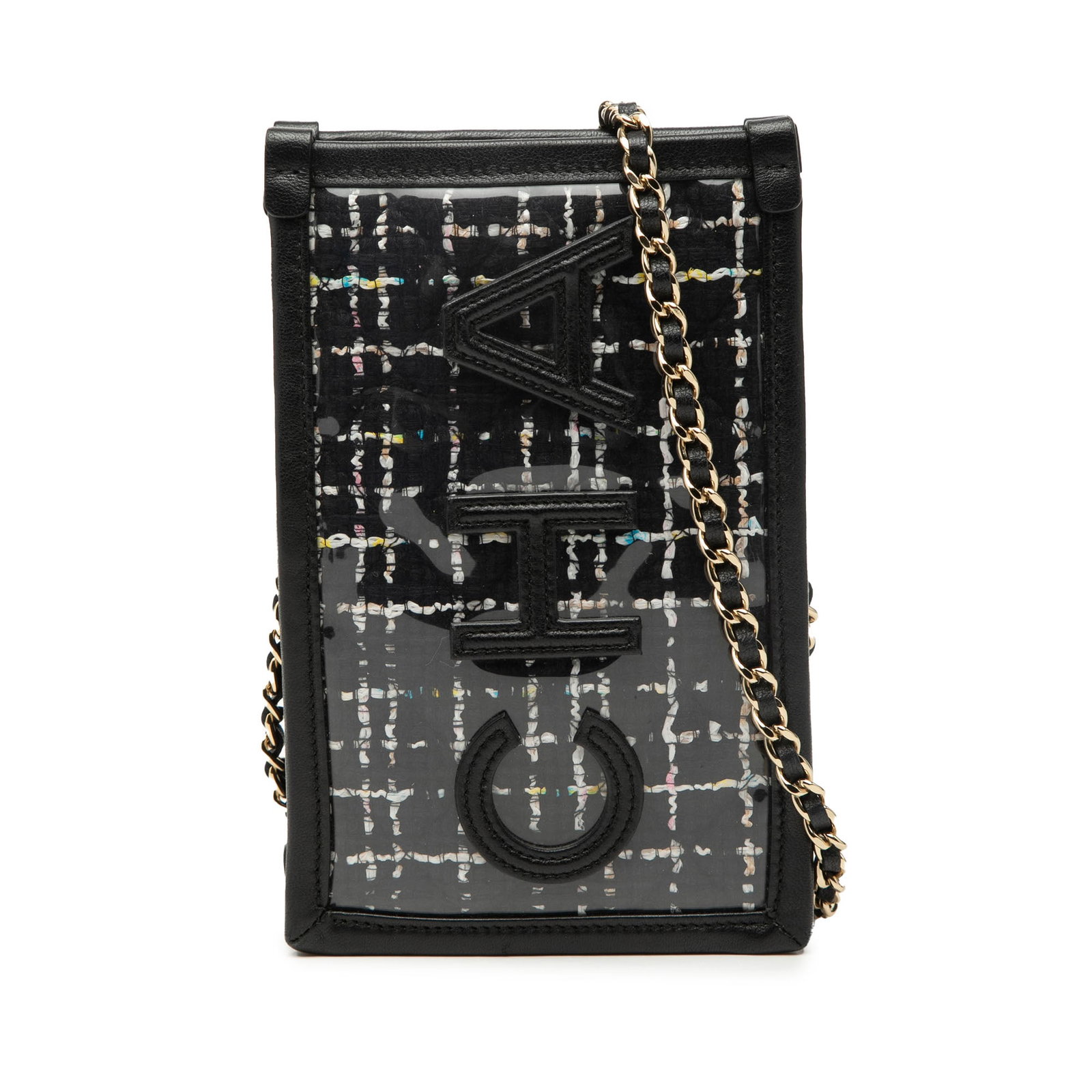 Chanel black tweed PVC phone clutch crossbody chain strap: Chanel black tweed PVC phone clutch crossbody chain strap This Chanel Tweed and PVC Phone Clutch with Chain is a crossbody bag crafted in Italy, featuring a tweed body covered in PVC with leather trim