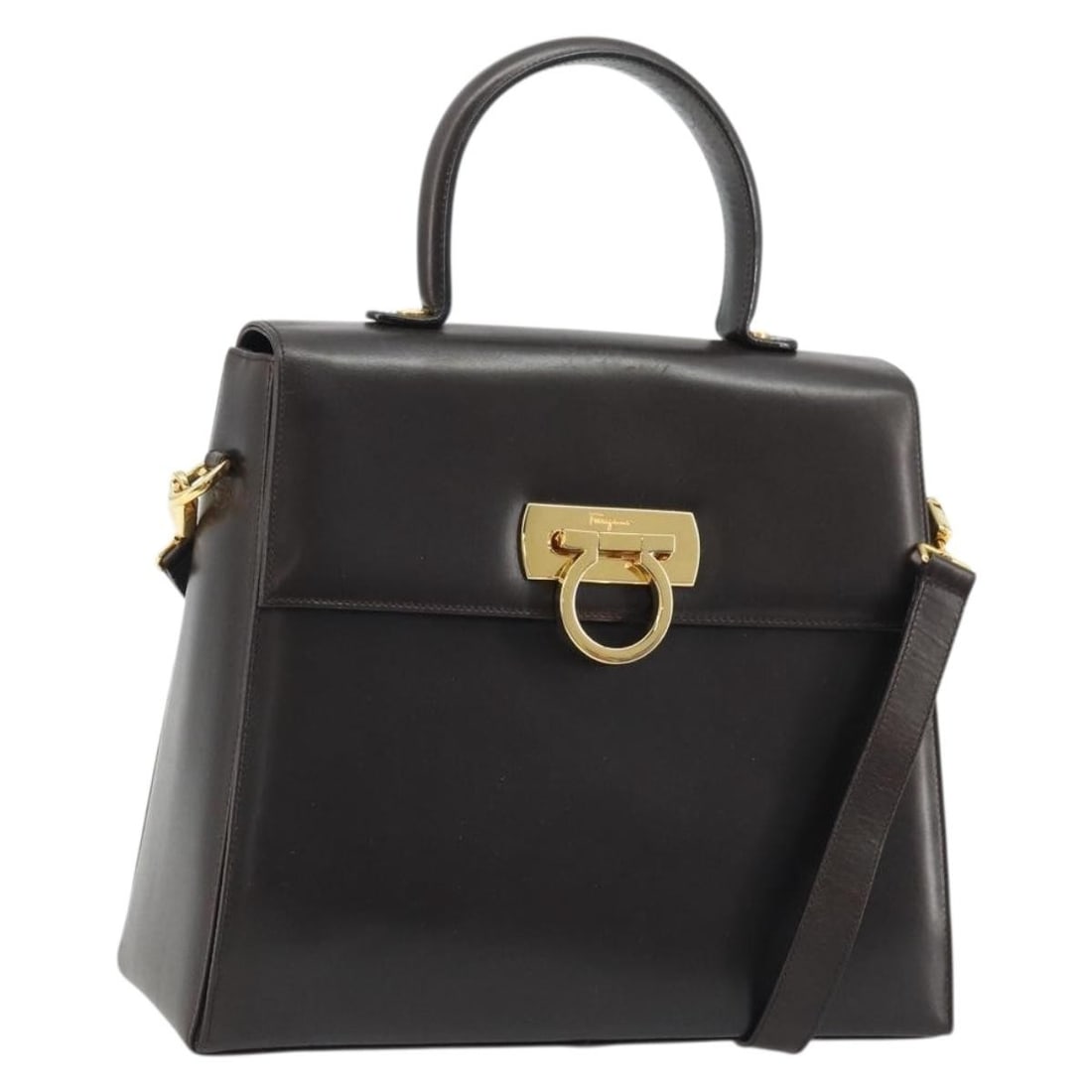 Salvatore Ferragamo Gancini 2way Leather Hand Bag Dark Brown: Salvatore Ferragamo Gancini 2way Leather Hand Bag Dark Brown Salvatore Ferragamo Gancini 2-way handbag in dark brown leather with gold-tone accents. Designed for women, this Italian-made bag includes 