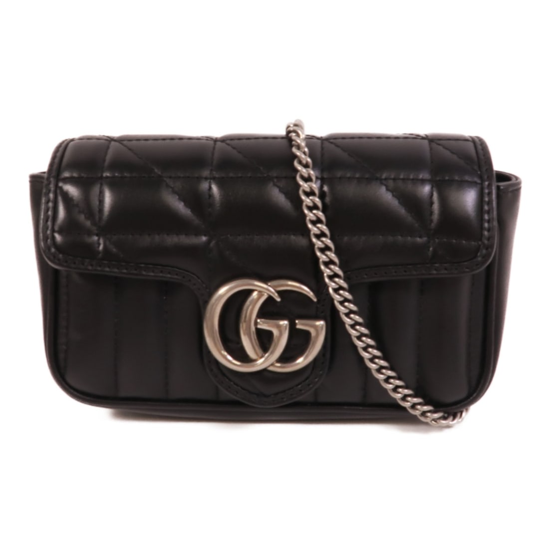 Gucci 476433 GG Marmont Super Mini Black Calfskin Shoulder Bag: Gucci 476433 GG Marmont Super Mini Black Calfskin Shoulder Bag Gucci GG Marmont Super Mini chain shoulder bag in black calfskin leather. This women's shoulder bag features a compact flap design and co