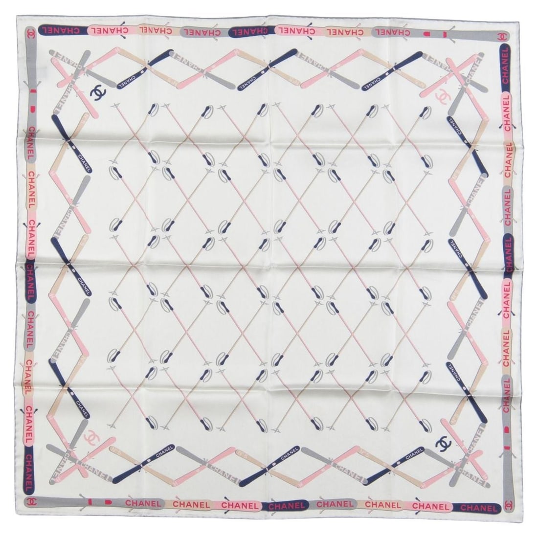 Chanel Apres Ski silk scarf in cream and pink: Chanel Apres Ski silk scarf in cream and pink Chanel Apres Ski silk scarf featuring a cream and pink ski motif with hand-rolled edges. Made from 100% silk and presented in un-used condition. Specifica