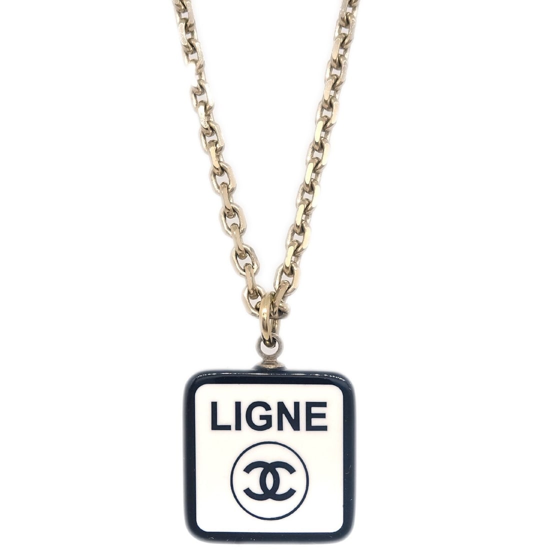 Chanel No. 5 Ligne Gold Plated Pendant Necklace White France 06C: Chanel No. 5 Ligne Gold Plated Pendant Necklace White France 06C Chanel No. 5 Ligne chain necklace pendant in gold-plated material with a gold color finish. Made in France, this pendant is described a