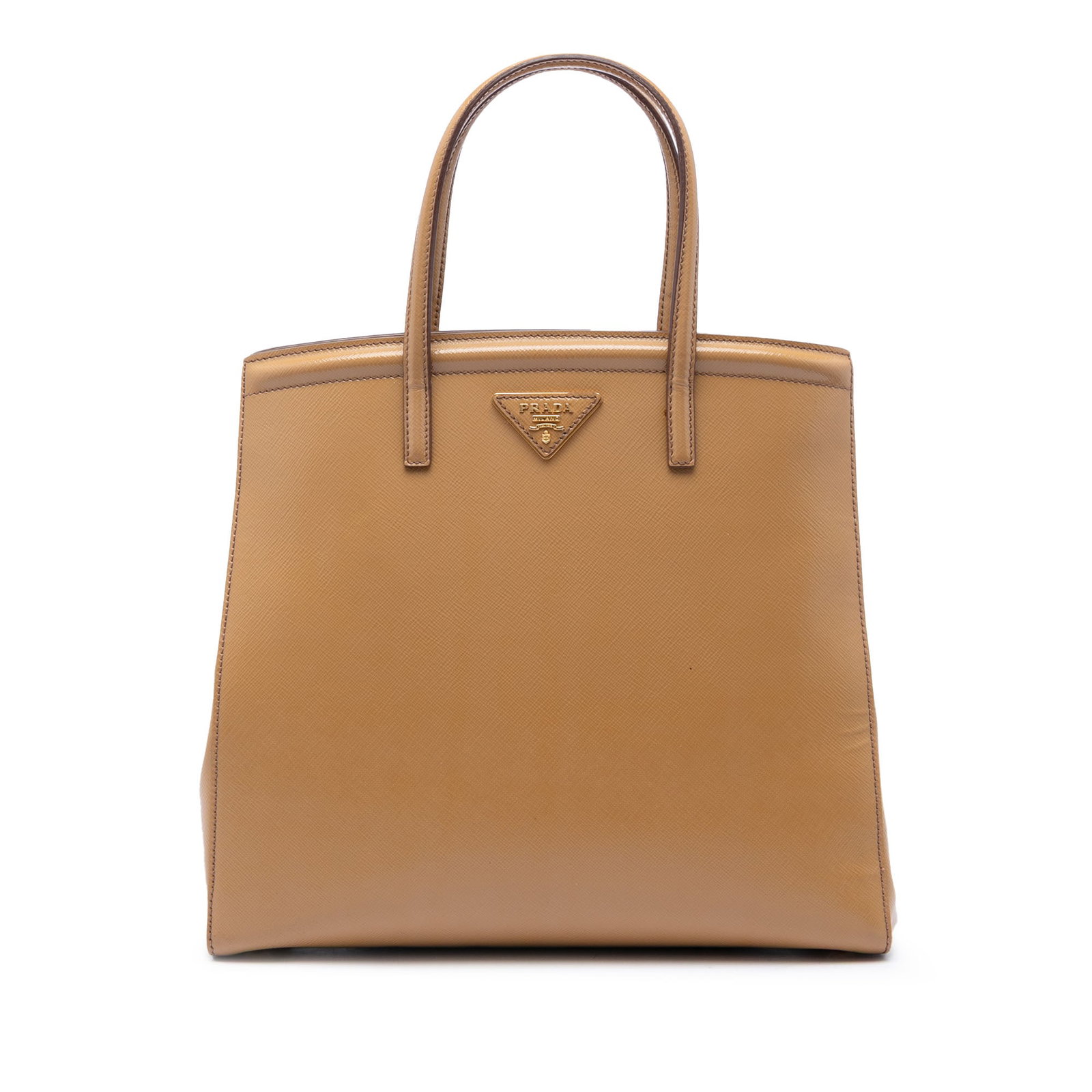 Prada Parabole Satchel Brown Saffiano Vernice Leather: Prada Parabole Satchel Brown Saffiano Vernice Leather This Prada Saffiano Vernice Parabole satchel is crafted in leather with flat leather handles, an open top with a magnetic closure, and an interior