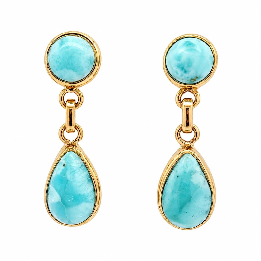 14k Yellow Gold Larimar Cabochon Drop Earrings Handmade Vintage (1 of 8)