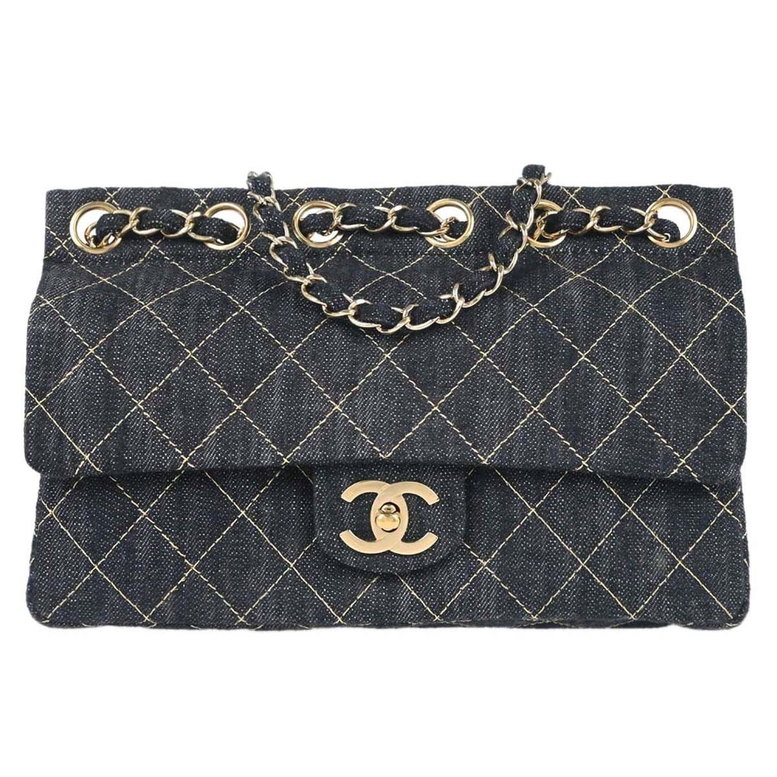 CHANEL Classic Flap Medium Shoulder Bag in Navy Sparkling Denim: CHANEL Classic Flap Medium Shoulder Bag in Navy Sparkling Denim Chanel Sparkling Denim Chain Through Single Flap shoulder bag in navy denim from the Classic Flap line. This medium shoulder bag feature