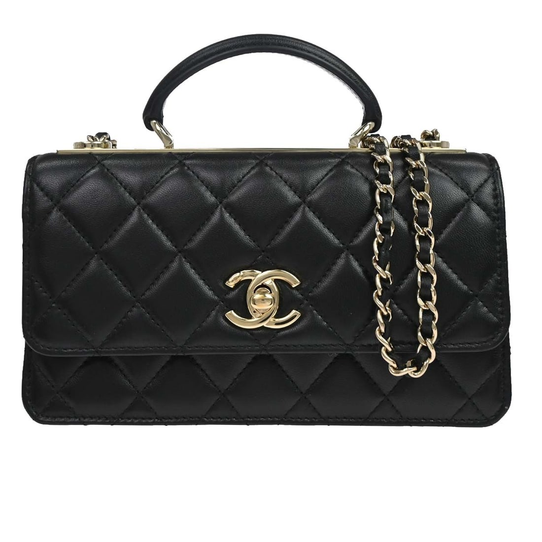 CHANEL Trendy CC Small Black Lambskin Top Handle Bag: CHANEL Trendy CC Small Black Lambskin Top Handle Bag Small Chanel Trendy CC 2-way handbag in black lambskin leather with a turn-lock closure and top handle styling. The bag features one interior zip p