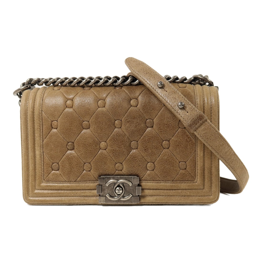 CHANEL Boy 25 Suede Shoulder Bag Khaki with Silver Tone Chain: CHANEL Boy 25 Suede Shoulder Bag Khaki with Silver Tone Chain Chanel Boy 25 chain shoulder bag in khaki suede with CC SHW styling. Designed for women, this shoulder bag features an open interior pocke