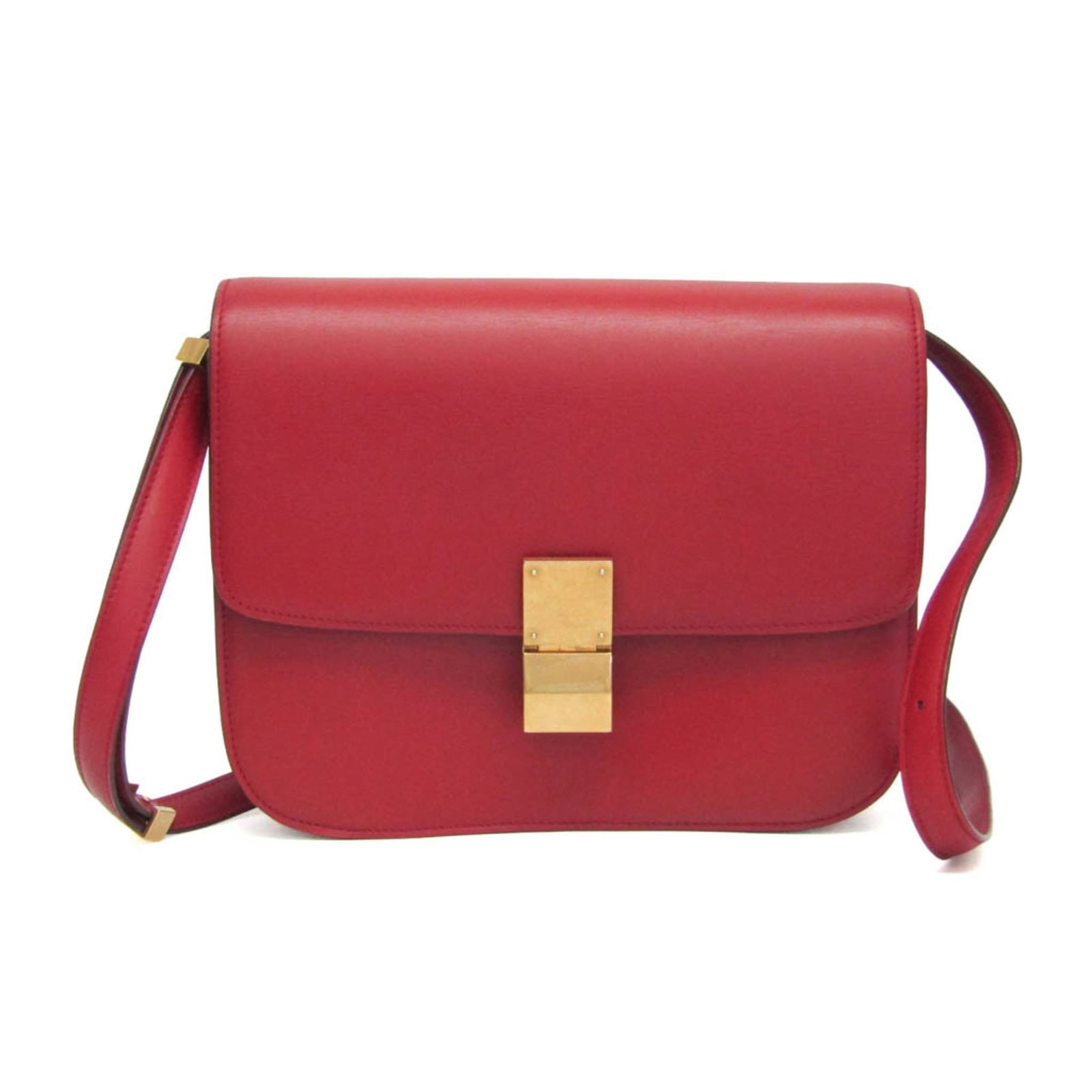 Celine Classic Box Red Calfskin Shoulder Bag: Celine Classic Box Red Calfskin Shoulder Bag Celine Classic Box handbag in smooth red calfskin with a structured silhouette and a good overall condition. The exterior shows light scratching, while the