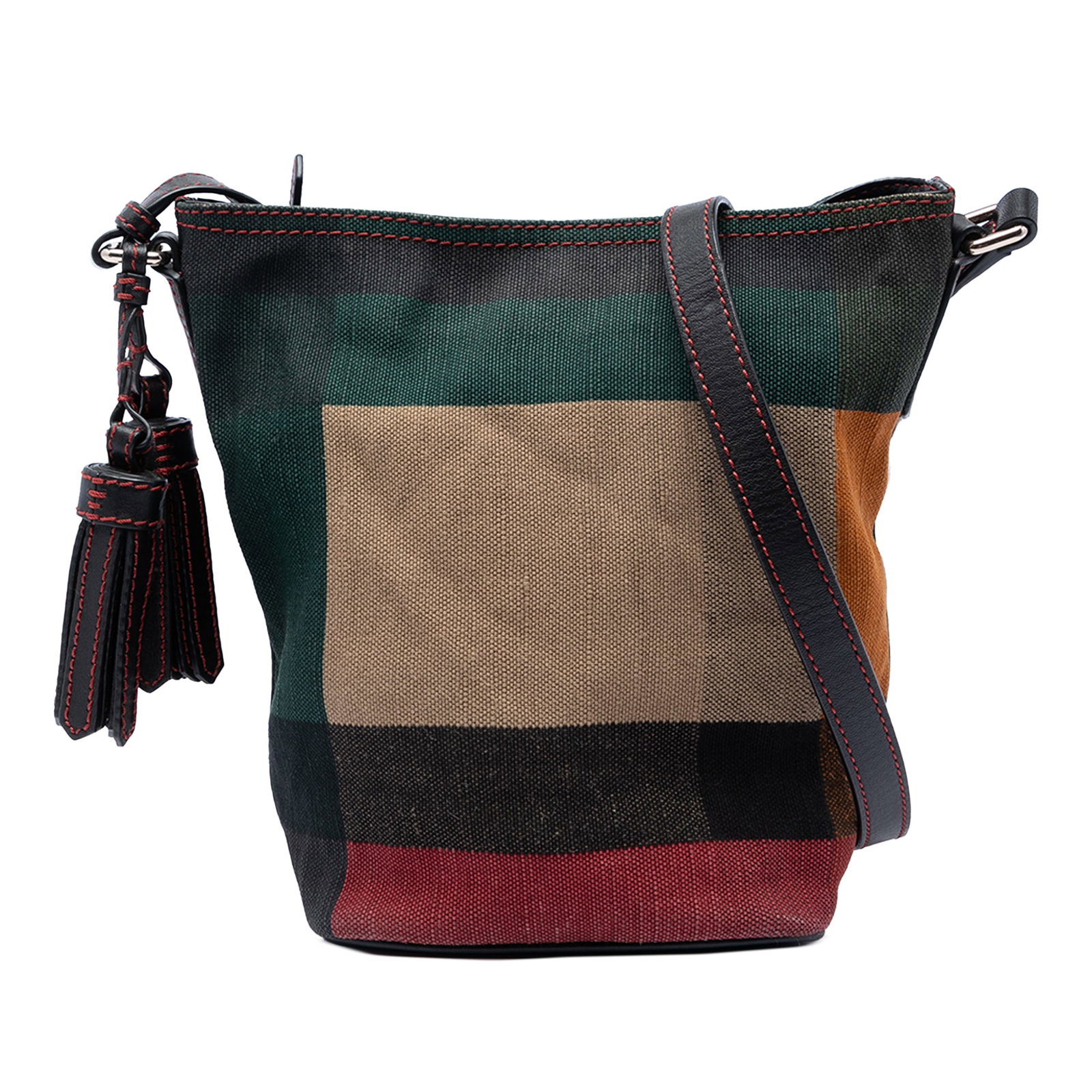Burberry Ashby Mini Bucket Bag in Mega Check Canvas: Burberry Ashby Mini Bucket Bag in Mega Check Canvas Burberry Mini Ashby bucket bag in mega check canvas with leather trim and tassel details. This bag features an adjustable flat leather shoulder stra