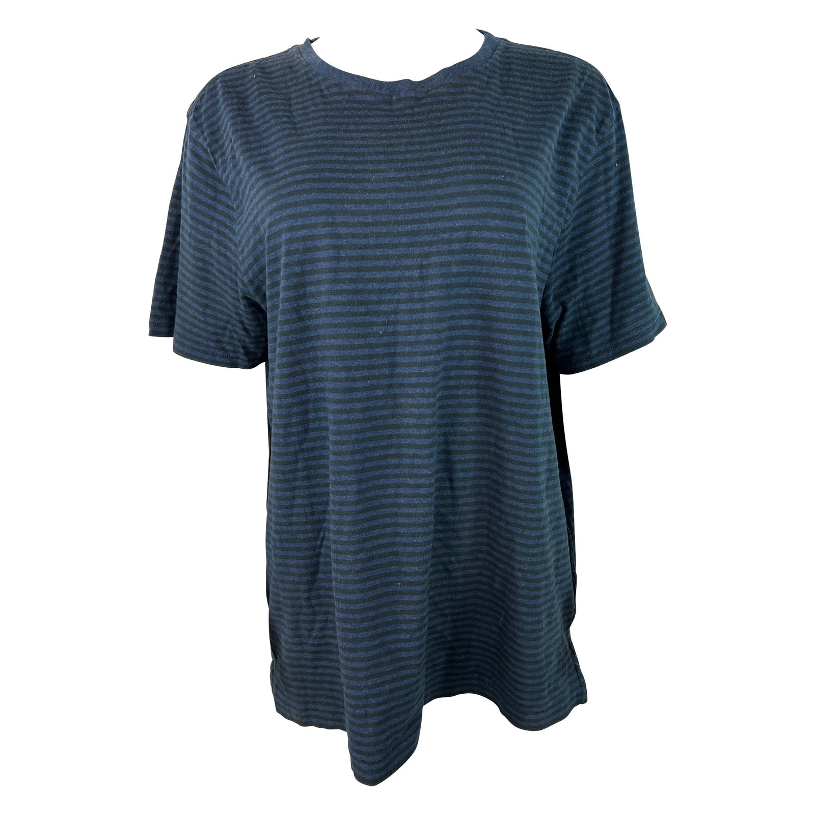 Rag and Bone XL Cotton Crewneck Tee Black and Navy Stripe: Rag and Bone XL Cotton Crewneck Tee Black and Navy Stripe Cotton T-shirt in black and navy striped pattern design with a crew neck and short sleeves. Marked size XL (US). Condition: Excellent. Specifi