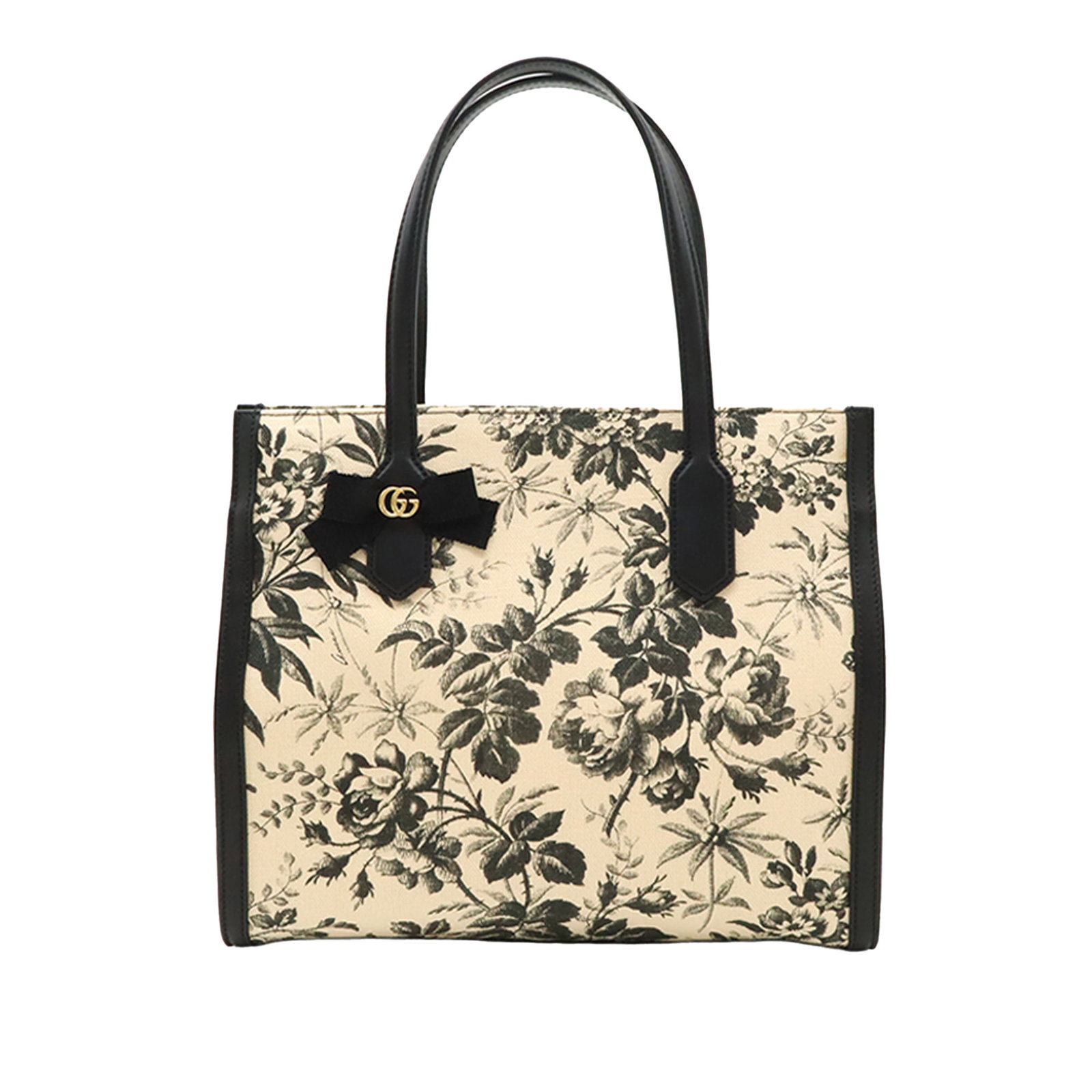 Gucci GG Ribbon Herbarium Canvas Tote Bag White: Gucci GG Ribbon Herbarium Canvas Tote Bag White Gucci tote bag in printed canvas with leather trim and flat leather handles. The open-top design features a magnetic closure, with interior zip and slip