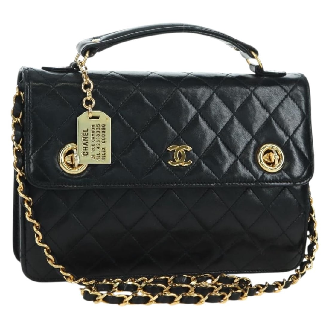 CHANEL Matelasse Lamb Skin 2way Shoulder Bag Black Gold CC Turn Lock: CHANEL Matelasse Lamb Skin 2way Shoulder Bag Black Gold CC Turn Lock CHANEL Matelasse Double Turn Lock Chain Bag in lamb skin, designed as a 2-way shoulder bag in black with gold-tone accents. Made in