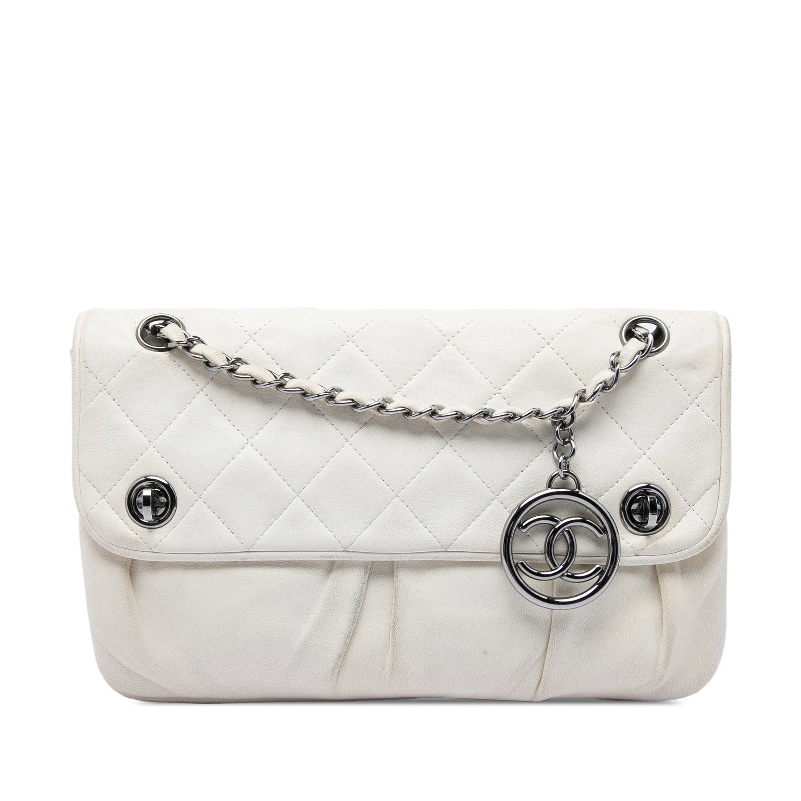 Chanel Double Turnlock Flap Shoulder Bag White Quilted Lambskin: Chanel Double Turnlock Flap Shoulder Bag White Quilted Lambskin Chanel CC Quilted Lambskin Double Turnlock Flap shoulder bag in white quilted lambskin leather. It features a leather-woven chain strap 