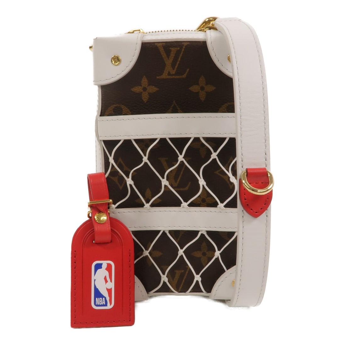Louis Vuitton LVxNBA Soft Trunk Shoulder Bag M80102 Monogram Brown White: Louis Vuitton LVxNBA Soft Trunk Shoulder Bag M80102 Monogram Brown White Louis Vuitton LVxNBA Soft Trunk shoulder bag in brown and white Monogram PVC coated canvas. This women's bag features an exteri