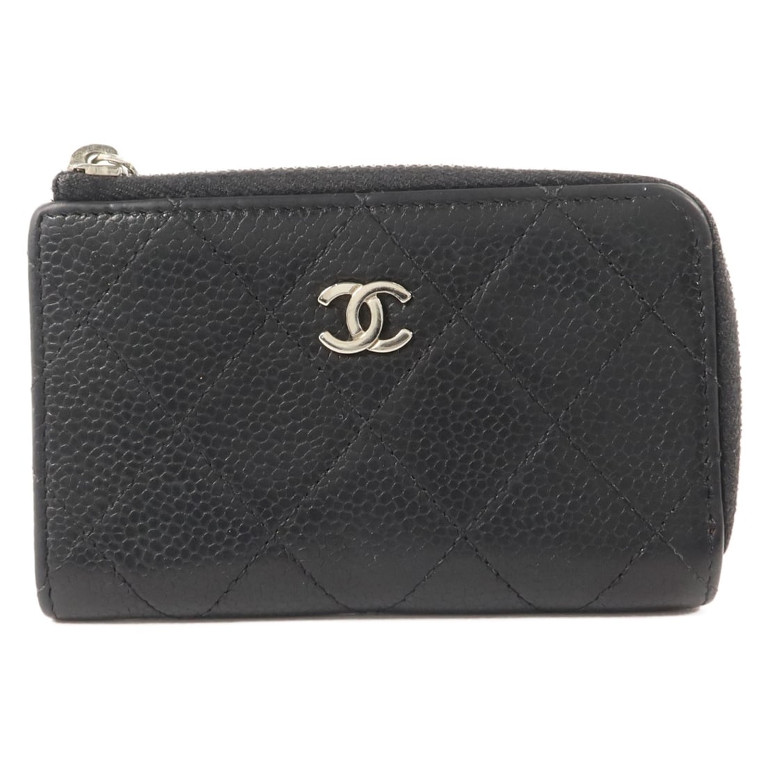 CHANEL CC coin purse black calfskin with silver tone hardware: CHANEL CC coin purse black calfskin with silver tone hardware Black calfskin coin purse with CC SHW styling and a compact profile. Made in France, this women's coin case features a fastener closure wi