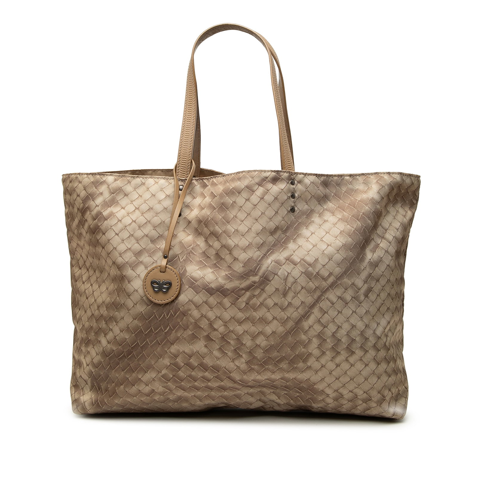 Bottega Veneta Intrecciolusion Brown Nylon Tote Bag: Bottega Veneta Intrecciolusion Brown Nylon Tote Bag Bottega Veneta Nylon Intrecciolusion tote bag in brown with a printed nylon body, flat leather shoulder straps, and an open top. Made in Italy. Cond