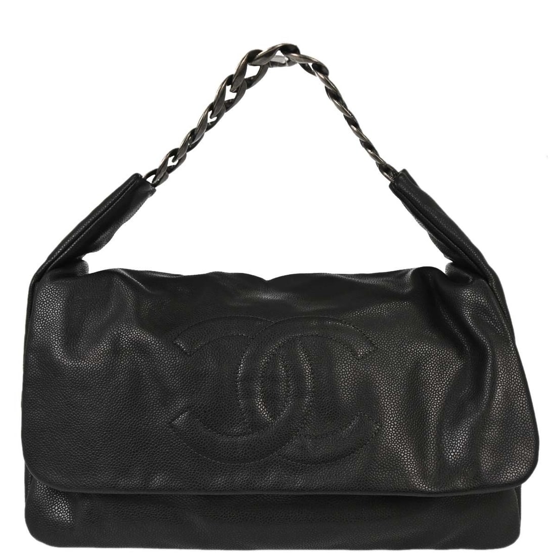 CHANEL CC large gray leather hobo handbag: CHANEL CC large gray leather hobo handbag Chanel hobo bag in gray caviar skin leather with a leather lining and logo accent. Made in France, this large bag features a structured everyday silhouette wi