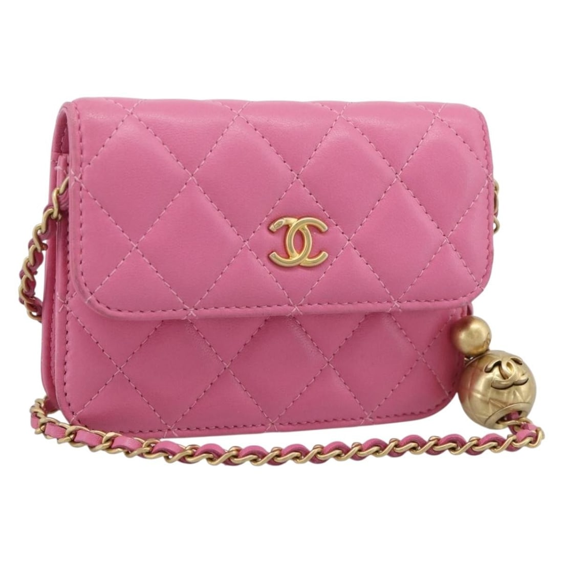 CHANEL Matelasse Lamb Skin Shoulder Bag Pink Gold Tone CC: CHANEL Matelasse Lamb Skin Shoulder Bag Pink Gold Tone CC Compact CHANEL matelasse shoulder bag crafted in pink lamb skin with gold tone CC detailing. Made in Italy, this women's shoulder bag includes