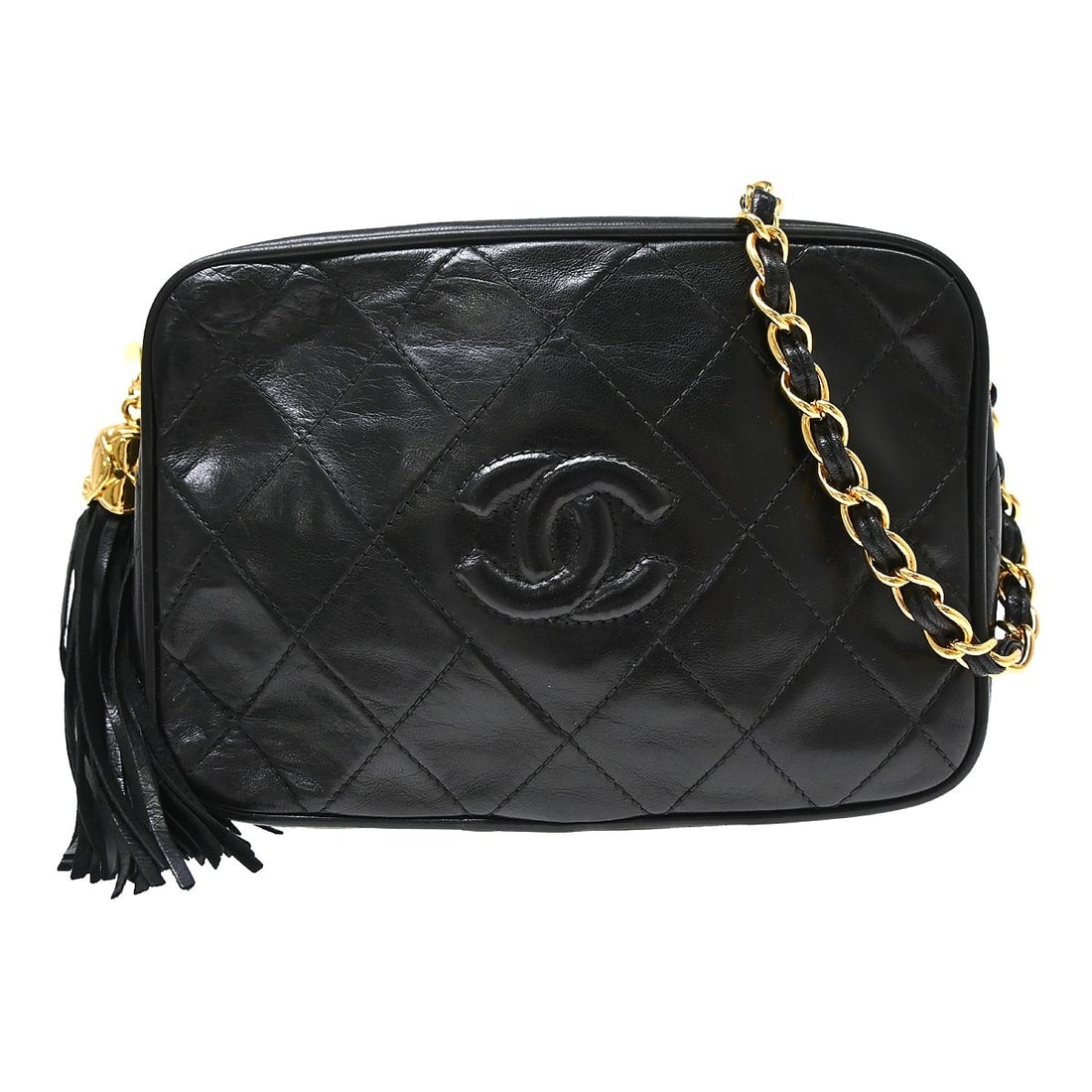 CHANEL Chain Shoulder Camera Bag Black Quilted Lambskin Crossbody: CHANEL Chain Shoulder Camera Bag Black Quilted Lambskin Crossbody Chanel camera bag in black quilted lambskin leather with a zip closure and chain crossbody strap. The bag features one exterior pocket