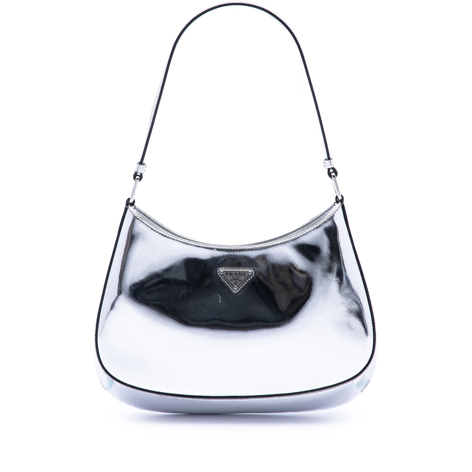 Prada Cleo Silver Spazzolato Leather Shoulder Bag: Prada Cleo Silver Spazzolato Leather Shoulder Bag Prada Cleo shoulder bag crafted in spazzolato patent leather with a silver finish. This shoulder bag features a flat leather shoulder strap, an open t