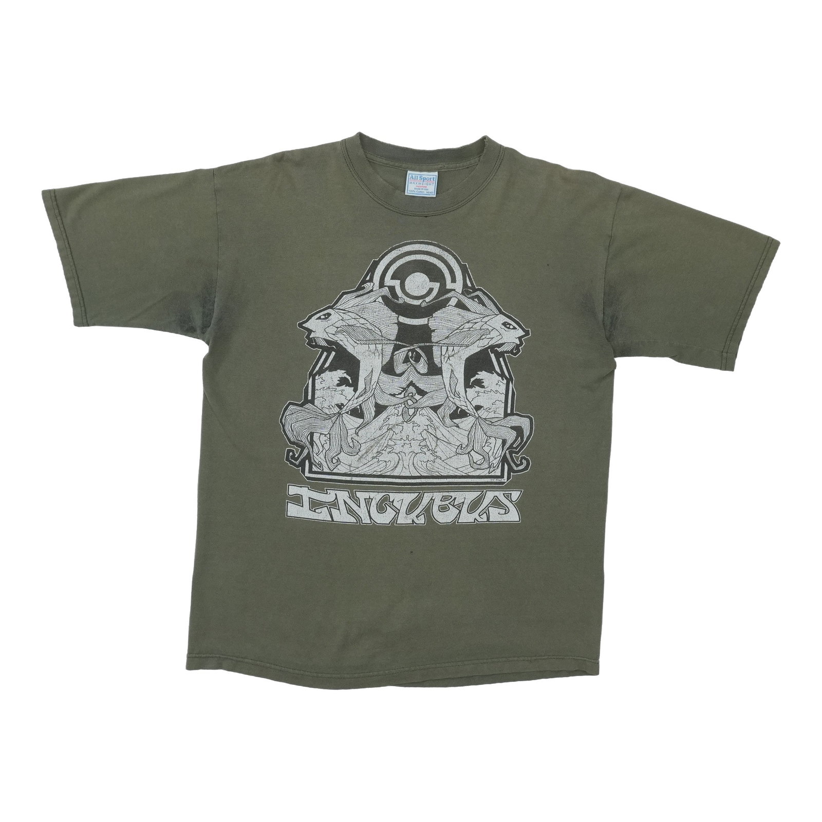Green 1990s Incubus Spiral Logo Vintage T Shirt Medium: Green 1990s Incubus Spiral Logo Vintage T Shirt Medium Authentic 1990s Incubus Spiral Logo vintage shirt with original single-stitch construction. This is a true vintage piece, not a modern reproducti