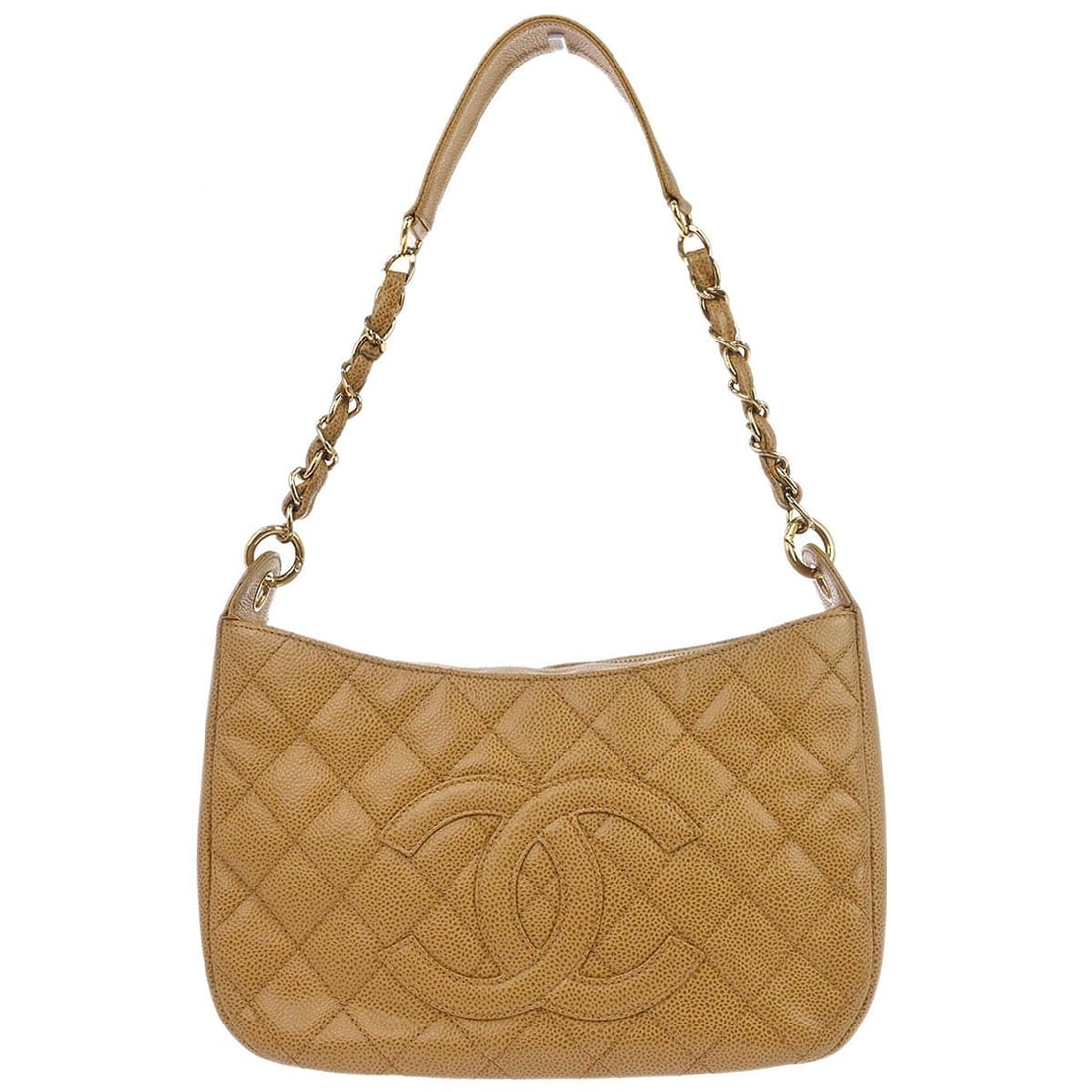 CHANEL Caviar Beige Calfskin Leather Hobo Bag: CHANEL Caviar Beige Calfskin Leather Hobo Bag Chanel hobo handbag in beige caviar skin leather with a zip closure, logo accent, and canvas lining. This medium bag features a top handle and includes on