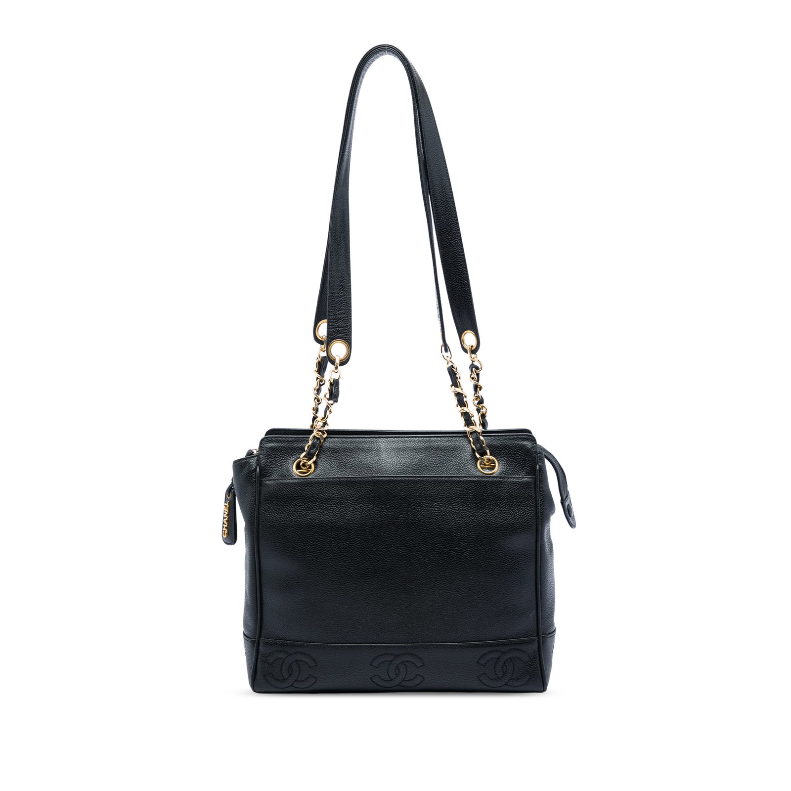 Chanel Triple CC Black Caviar Leather Zip Tote Bag: Chanel Triple CC Black Caviar Leather Zip Tote Bag Chanel Triple CC Caviar Tote in black caviar leather with curb chain and leather straps. The bag features a top zip closure, exterior front and back 