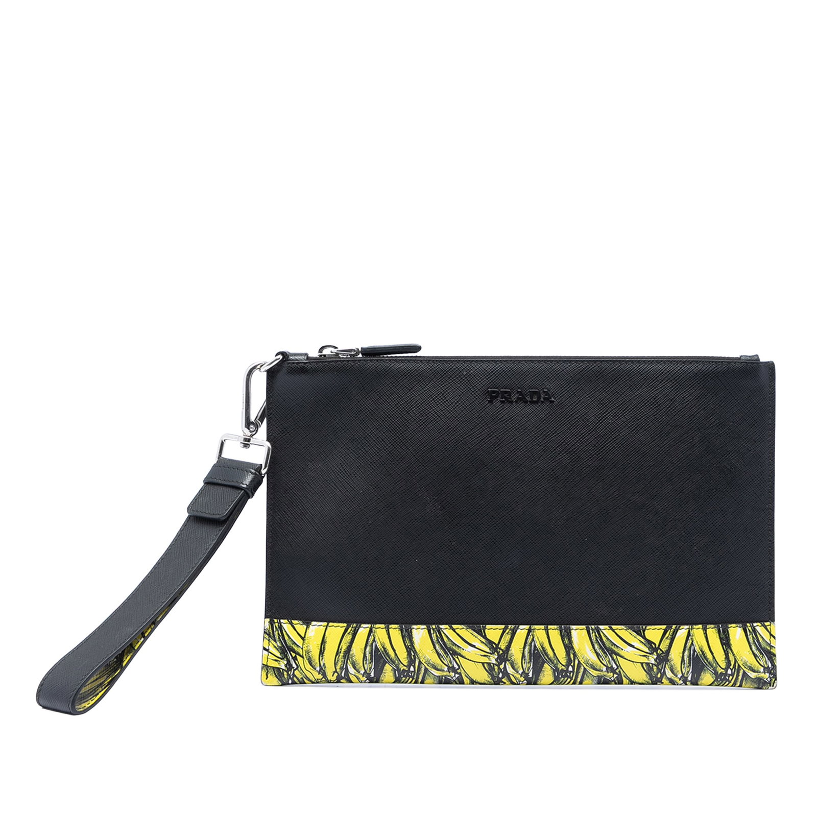 Prada Saffiano Banana Print Leather Wristlet Clutch: Prada Saffiano Banana Print Leather Wristlet Clutch Prada Saffiano Banana Print Clutch in black printed leather. This clutch features a detachable flat wrist strap, top zip closure, and interior slip 