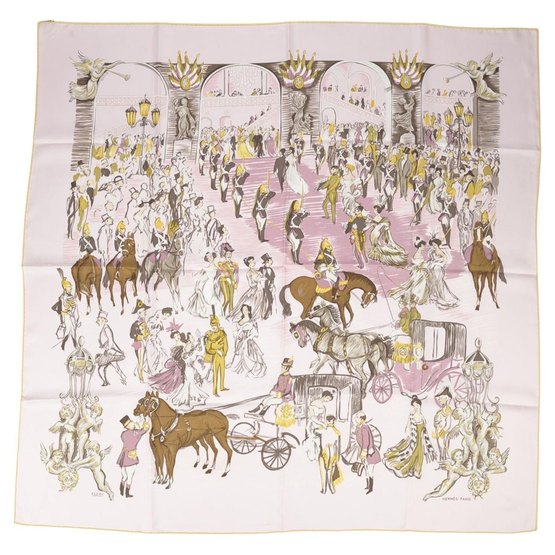 Pink Soiree de Gala Silk Square Scarf by Hermes France 35 Inch: Pink Soiree de Gala Silk Square Scarf by Hermes France 35 Inch The Hermes "Soiree de Gala" scarf features a striking pink design by Jean-Louis Clerc. Crafted from 100% silk, it is finished with hand-r