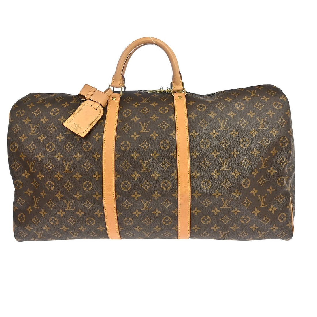 Louis Vuitton Keepall 60 Monogram Duffle Bag M41422: Louis Vuitton Keepall 60 Monogram Duffle Bag M41422 Vintage Louis Vuitton Keepall 60 travel handbag in Monogram canvas with leather trim and double handles. This extra large duffle-style bag features 