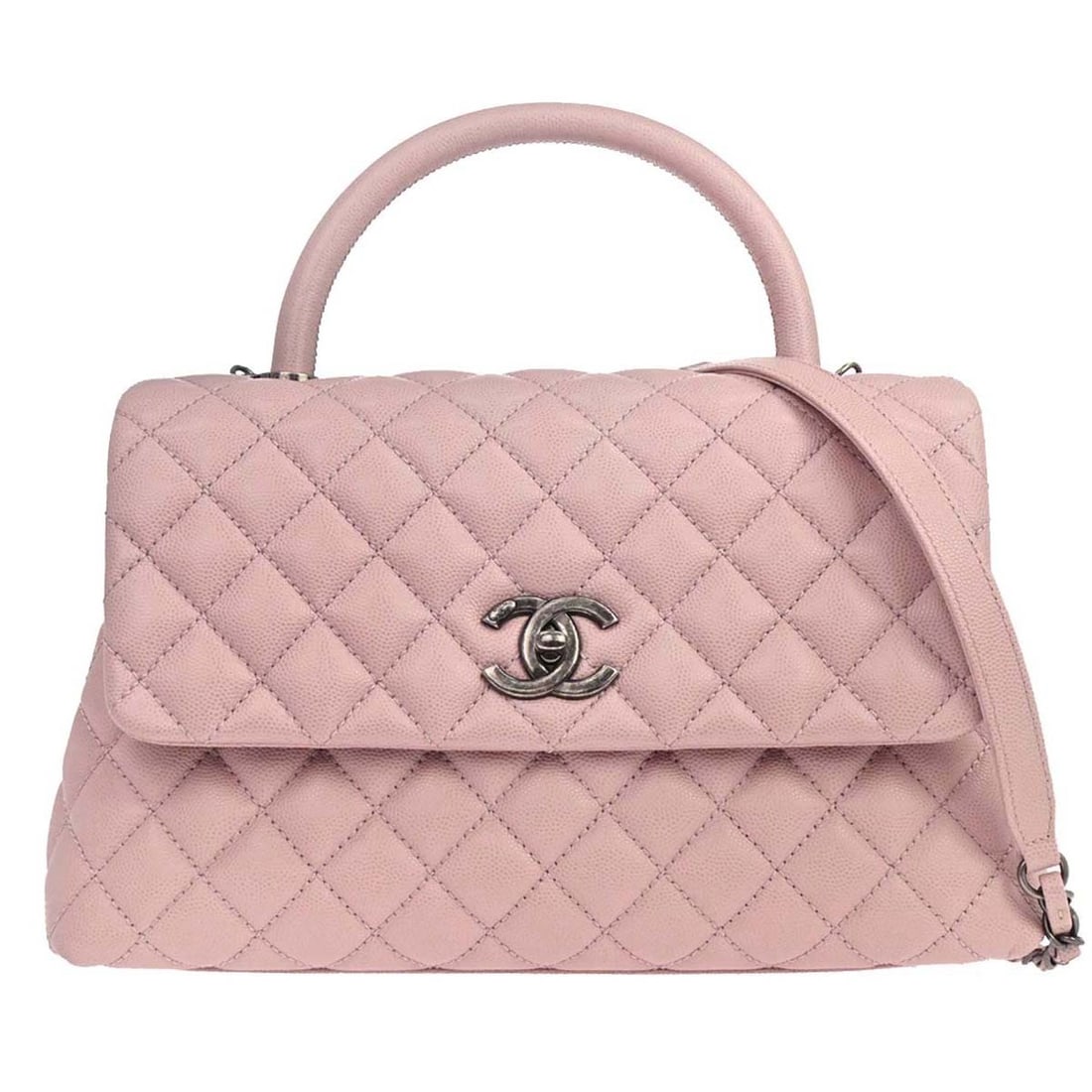 CHANEL Coco Handle medium caviar leather 2way top handle bag: CHANEL Coco Handle medium caviar leather 2way top handle bag Chanel Coco Handle 2way handbag in light pink caviar skin leather with a turn lock closure, top handle design, and shoulder strap for versa