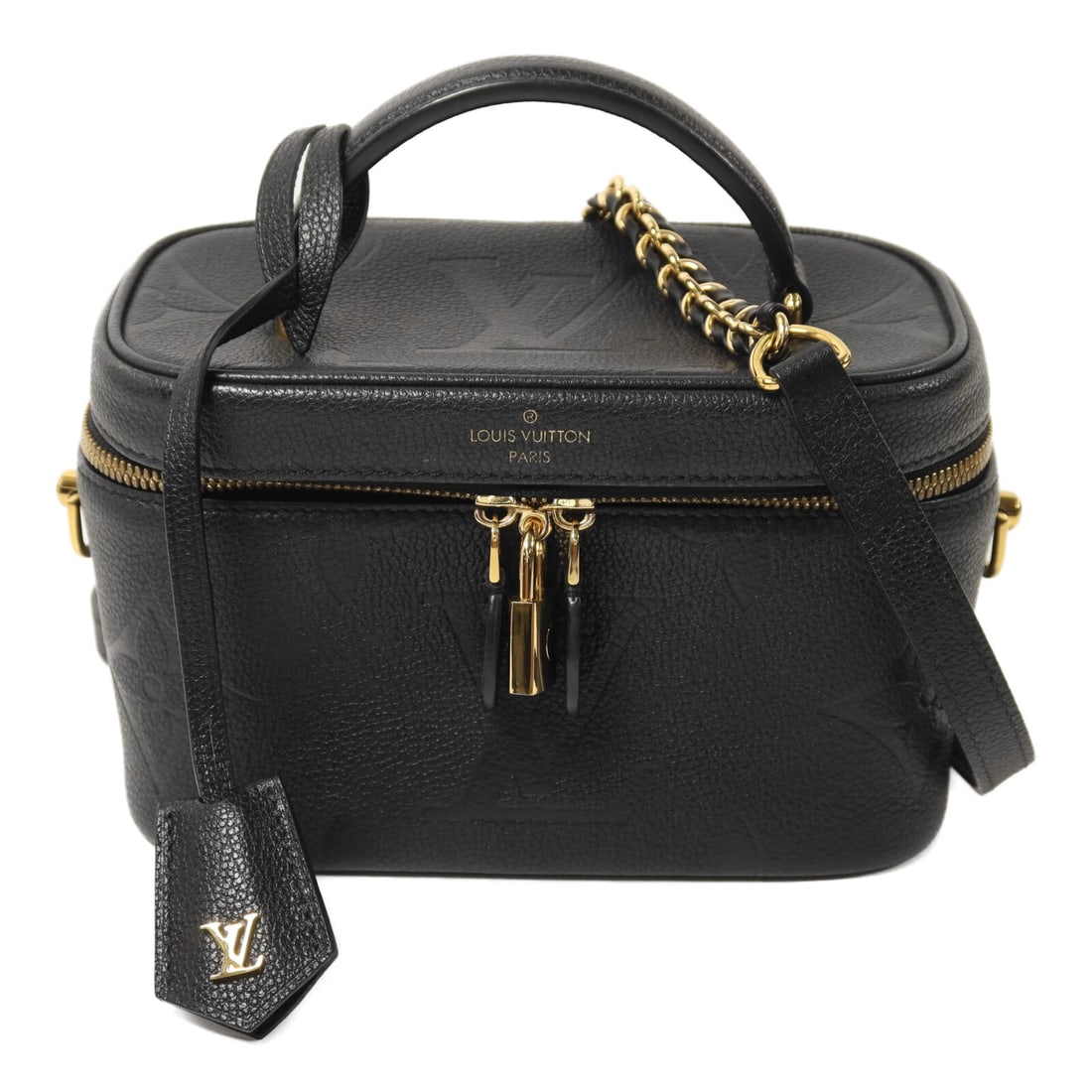 Louis Vuitton M45598 Vanity Case 2 Way Shoulder Bag Black Monogram Empreinte: Louis Vuitton M45598 Vanity Case 2 Way Shoulder Bag Black Monogram Empreinte A Louis Vuitton Vanity Case Chain Shoulder Bag in black Monogram Empreinte and calfskin (cowhide), presented in a 2-way sho