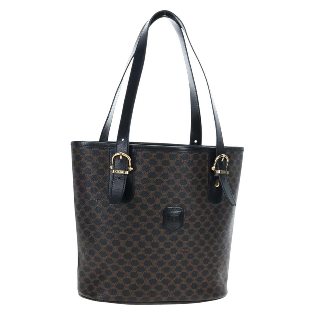 CELINE Macadam Canvas PVC Leather Handbag Black Gold Tone: CELINE Macadam Canvas PVC Leather Handbag Black Gold Tone Celine Macadam canvas hand bag crafted in PVC leather with a black and gold colorway. Made in Italy, this women's bag features a structured ev