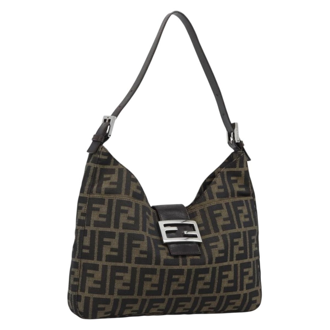 Fendi Mamma Baguette Shoulder Bag in Black Brown Zucca Canvas: Fendi Mamma Baguette Shoulder Bag in Black Brown Zucca Canvas Fendi Mamma Baguette shoulder bag in Zucca canvas with a black and brown exterior. Made in Italy, this women's bag measures approximately 