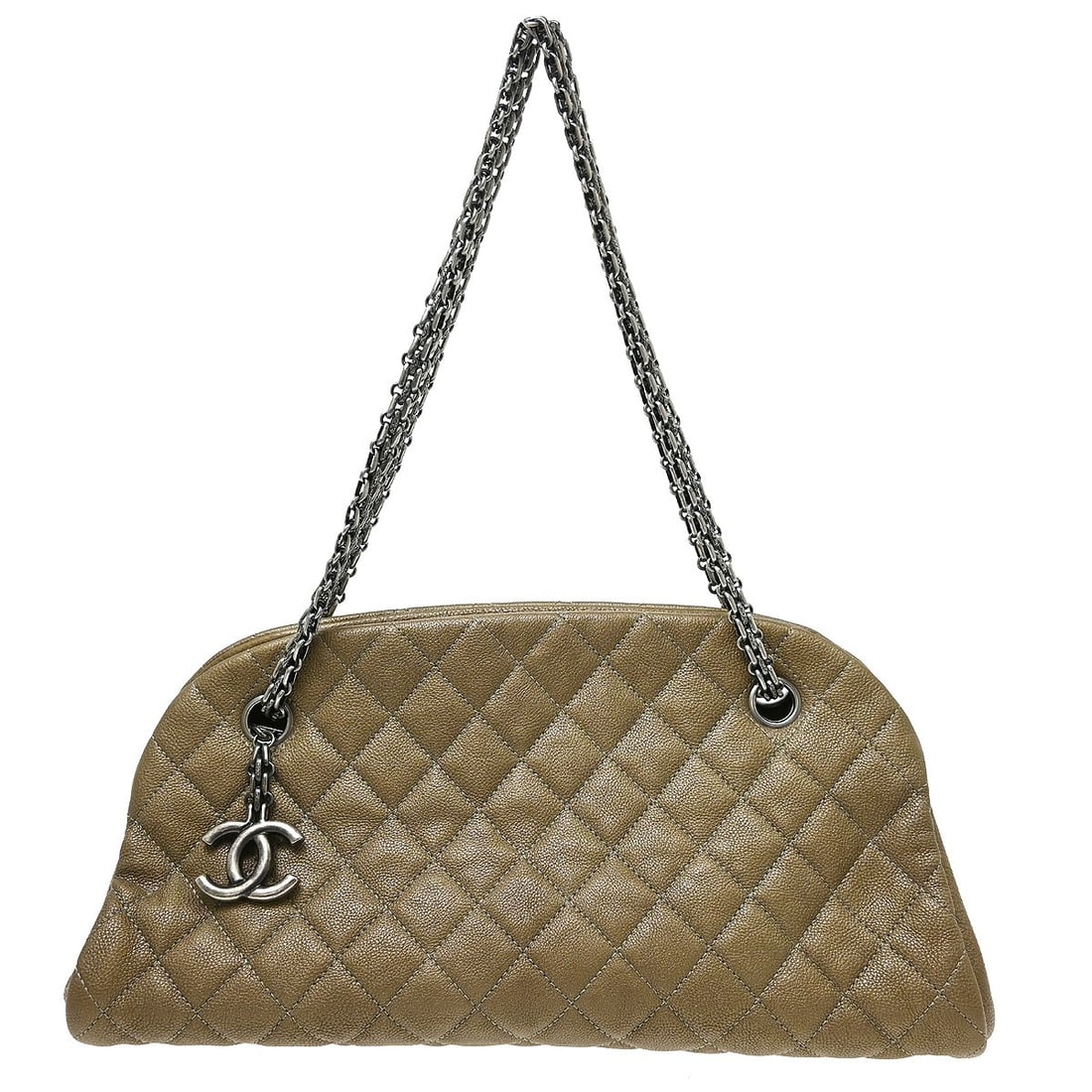 CHANEL Mademoiselle Caviar Leather Top Handle Bag Bronze: CHANEL Mademoiselle Caviar Leather Top Handle Bag Bronze Chanel Bronze Calfskin Mademoiselle Bowling Bag in medium size, made in Italy. The bag features a top handle design with a logo accent and a go
