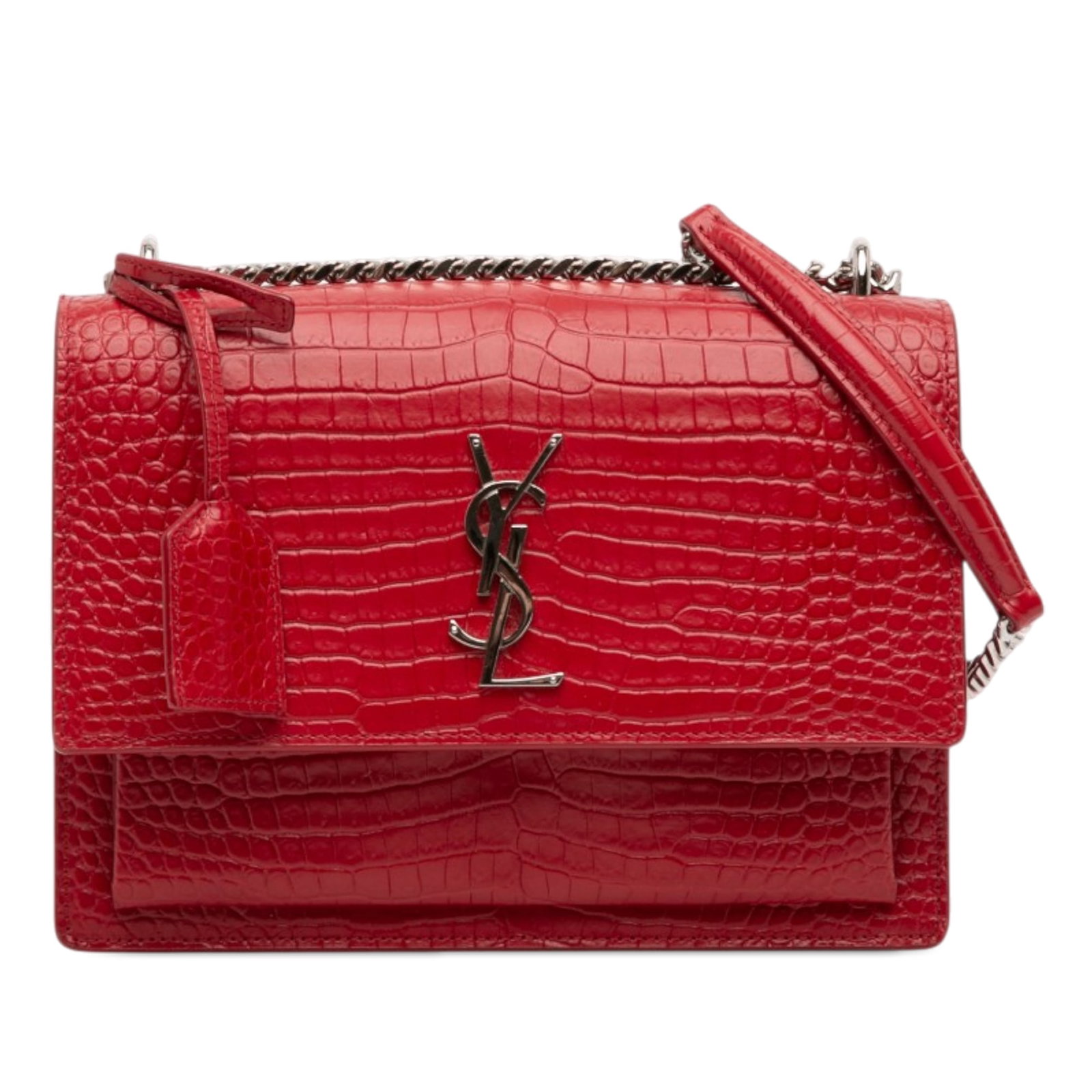 Saint Laurent Sunset Red Croc Embossed Leather Crossbody Bag: Saint Laurent Sunset Red Croc Embossed Leather Crossbody Bag This Saint Laurent Medium Croc Embossed Leather Monogram Sunset Crossbody features a red embossed leather body with a croc pattern, a chain