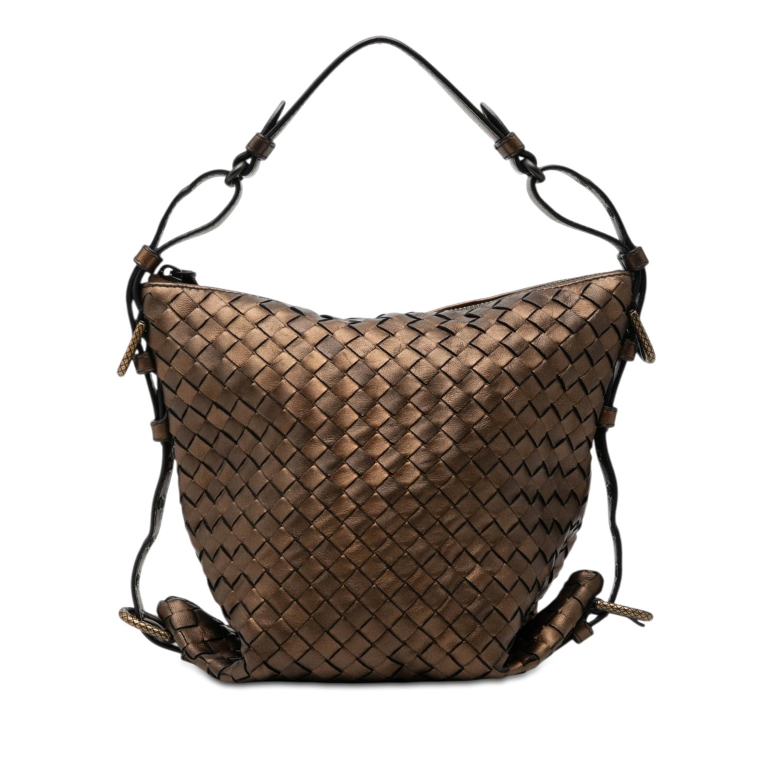 Bottega Veneta Intrecciato Belted Loop Metallic Nappa Leather Handbag: Bottega Veneta Intrecciato Belted Loop Metallic Nappa Leather Handbag Bottega Veneta Metallic Nappa Intrecciato Belted Loop Handbag crafted with a woven nappa leather body, a flat leather strap, and a