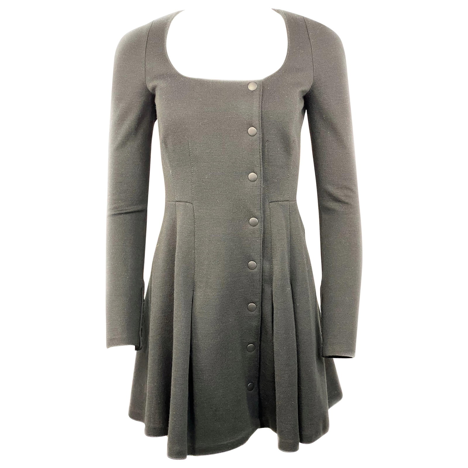 Proenza Schouler Size 4 Black Wool Button Front Mini Dress: Proenza Schouler Size 4 Black Wool Button Front Mini Dress A Proenza Schouler black wool mini coat dress in size 4, made in Italy. It features long sleeves, an eight-button front closure, and four but