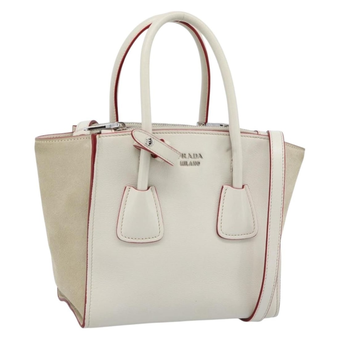 PRADA Leather 2way Handbag White Silver with Shoulder Strap: PRADA Leather 2way Handbag White Silver with Shoulder Strap Prada 2-way handbag in white and silver leather with top handles and a removable shoulder strap. Made in Italy, this women's bag includes th