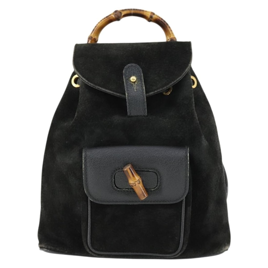 Gucci Bamboo Backpack Black Suede Womens Bag: Gucci Bamboo Backpack Black Suede Womens Bag This Gucci bamboo backpack for women features black suede material with a bamboo handle. The backpack measures 20cm x 22cm x 7cm and is made in Italy. It s