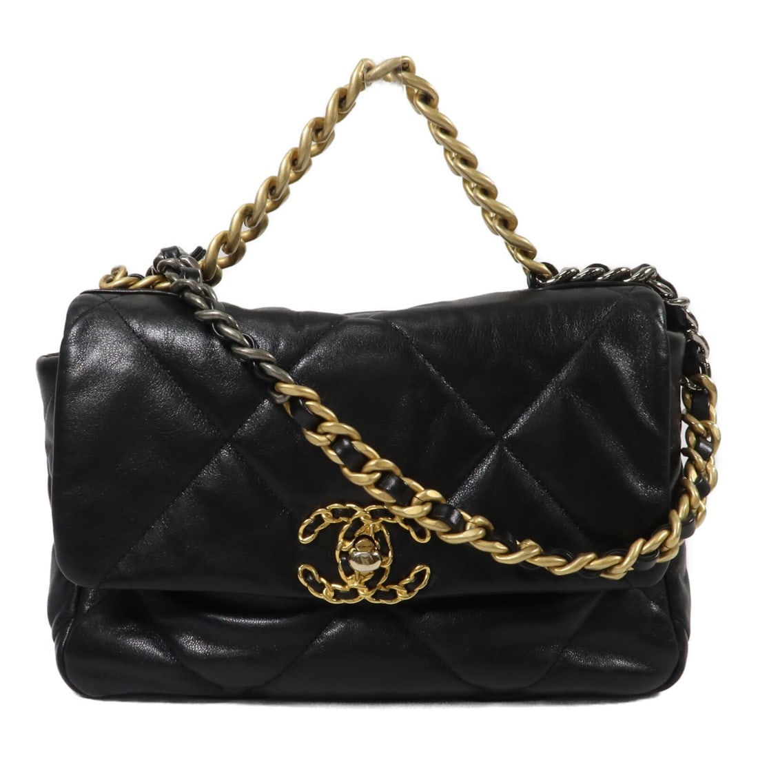 CHANEL C19 AS1160 Small 2way Shoulder Bag Black Lambskin: CHANEL C19 AS1160 Small 2way Shoulder Bag Black Lambskin Chanel C19 small 2-way shoulder handbag in black lambskin leather with CC GHW styling. This women's bag features a structured design with a tur
