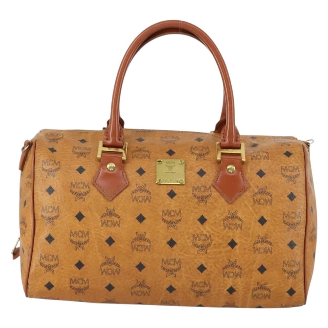 Brown Canvas and Leather MCM Visetos Boston Handbag 33cm x 18cm x 20cm: Brown Canvas and Leather MCM Visetos Boston Handbag 33cm x 18cm x 20cm This pre-owned MCM Visetos Logogramme handbag for women features a brown canvas body with leather accents. It measures 33cm x 18c