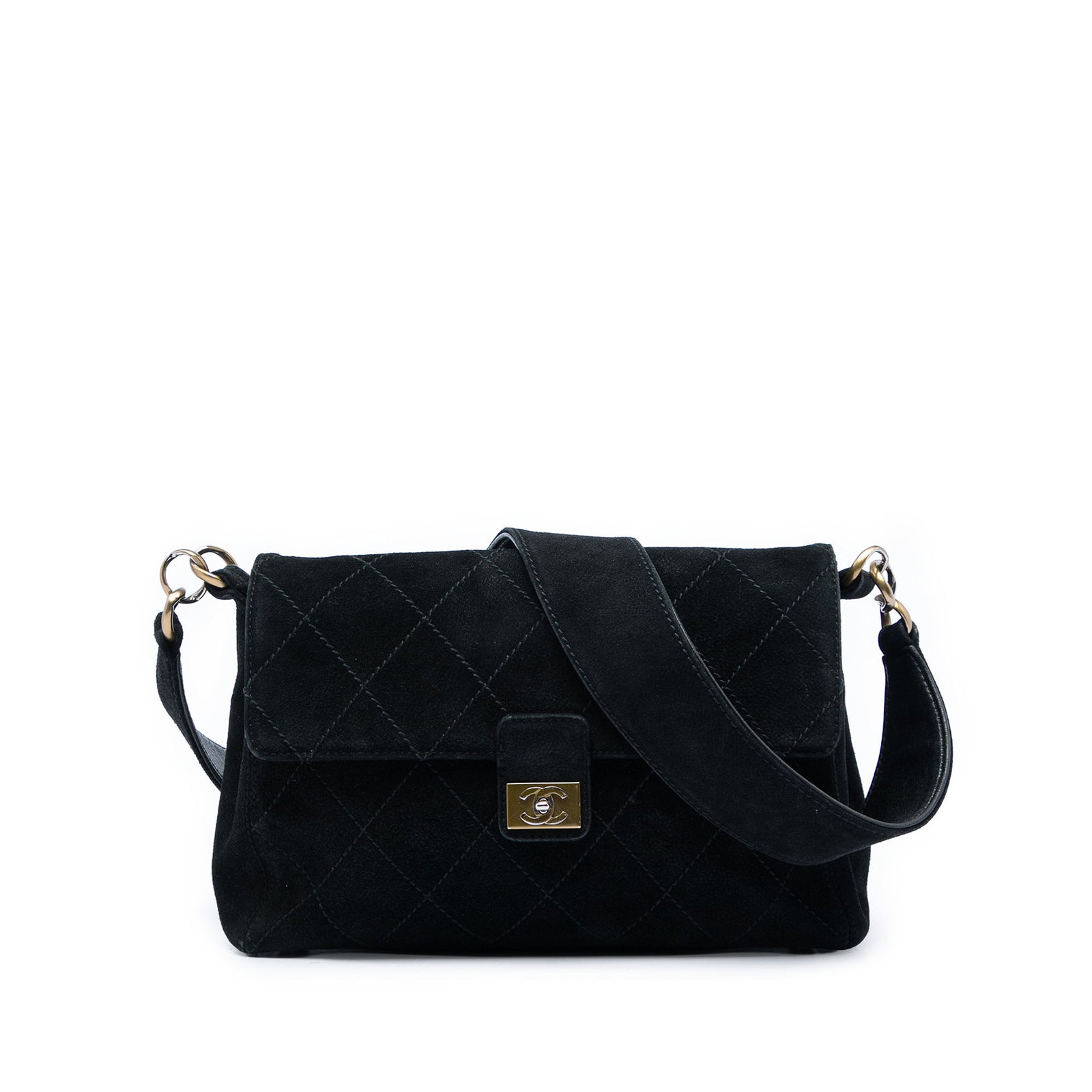 Chanel CC Flap Shoulder Bag in Black Quilted Suede: Chanel CC Flap Shoulder Bag in Black Quilted Suede Chanel CC Quilted Suede Shoulder Bag in black with a quilted suede leather body, flat shoulder strap, and front flap with turn lock closure. The inte