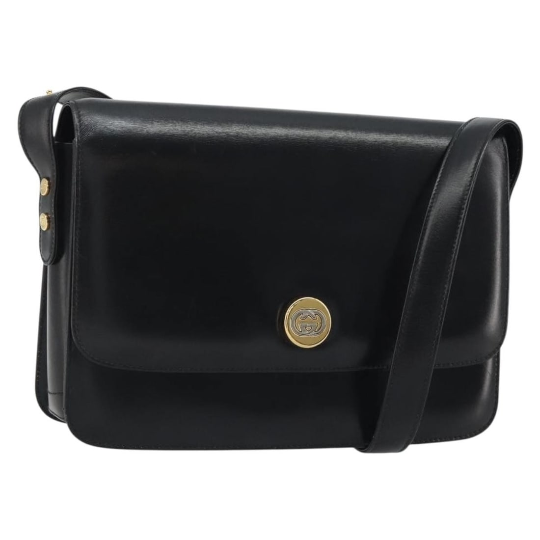 GUCCI Black Leather Shoulder Bag Gold Tone Hardware: GUCCI Black Leather Shoulder Bag Gold Tone Hardware Gucci shoulder bag in black and gold leather, made in Italy. The bag measures approximately 25 cm wide, 18 cm high, and 6 cm deep, with a shoulder s