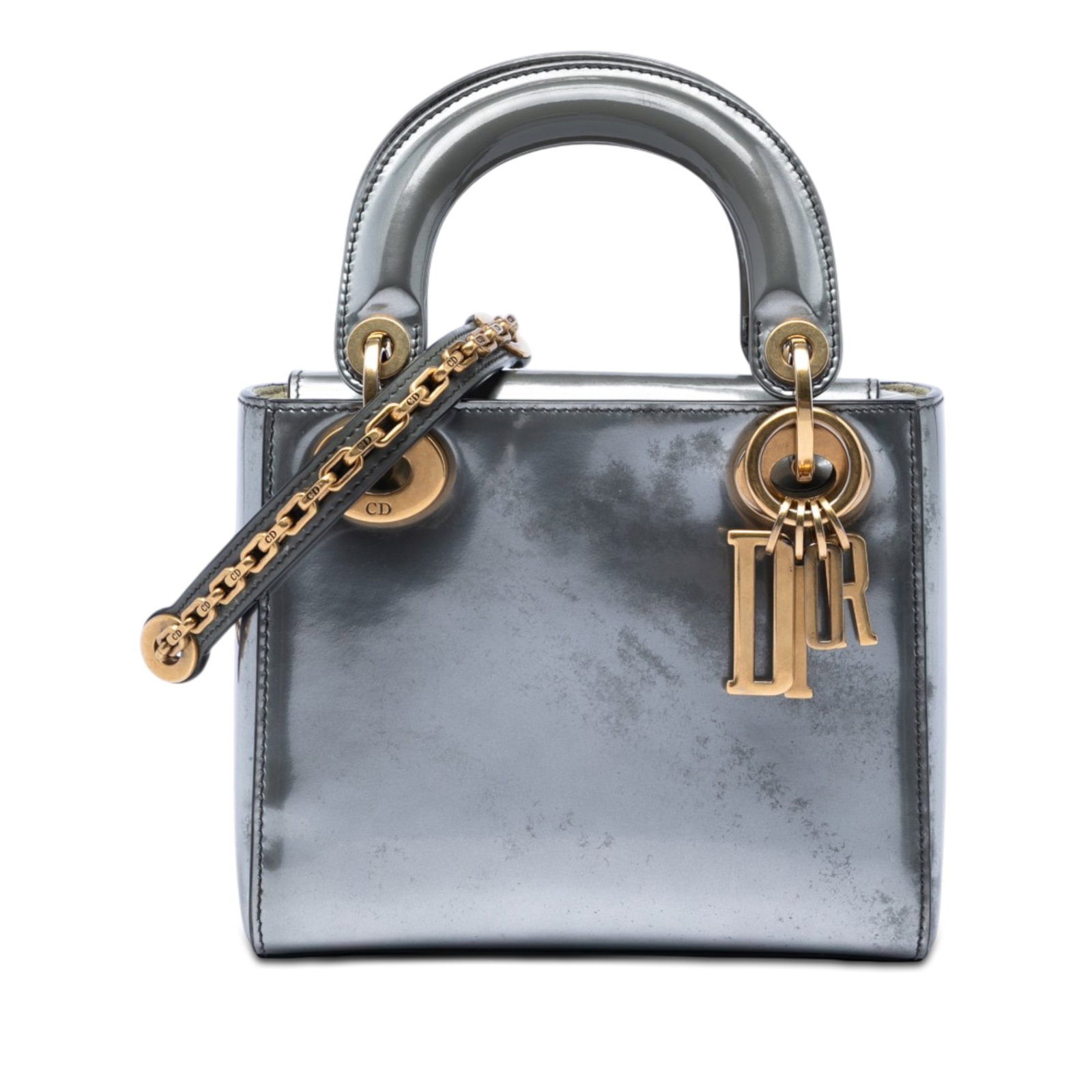 Dior Lady Dior Mini Metallic Patent Leather Bag Silver: Dior Lady Dior Mini Metallic Patent Leather Bag Silver Mini Metallic Patent Lady Dior bag in silver with a metallic patent body and leather construction. It features flat leather top handles, a detach