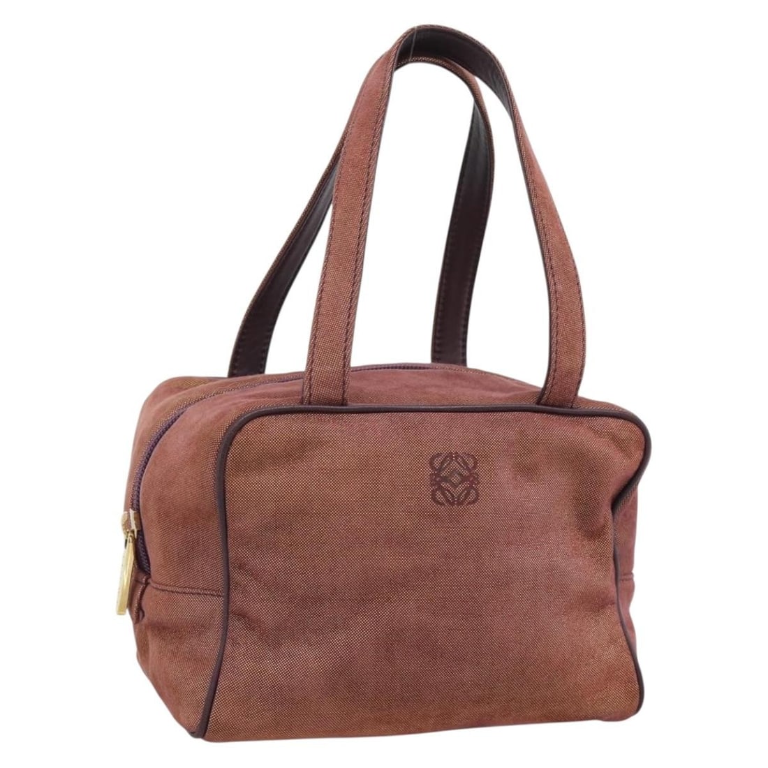 LOEWE Purple Canvas Hand Bag Gold Tone Spain 192763A: LOEWE Purple Canvas Hand Bag Gold Tone Spain 192763A LOEWE hand bag in purple with gold tone exterior accents, made from canvas and originating from Spain. It features a compact size with a handle dro