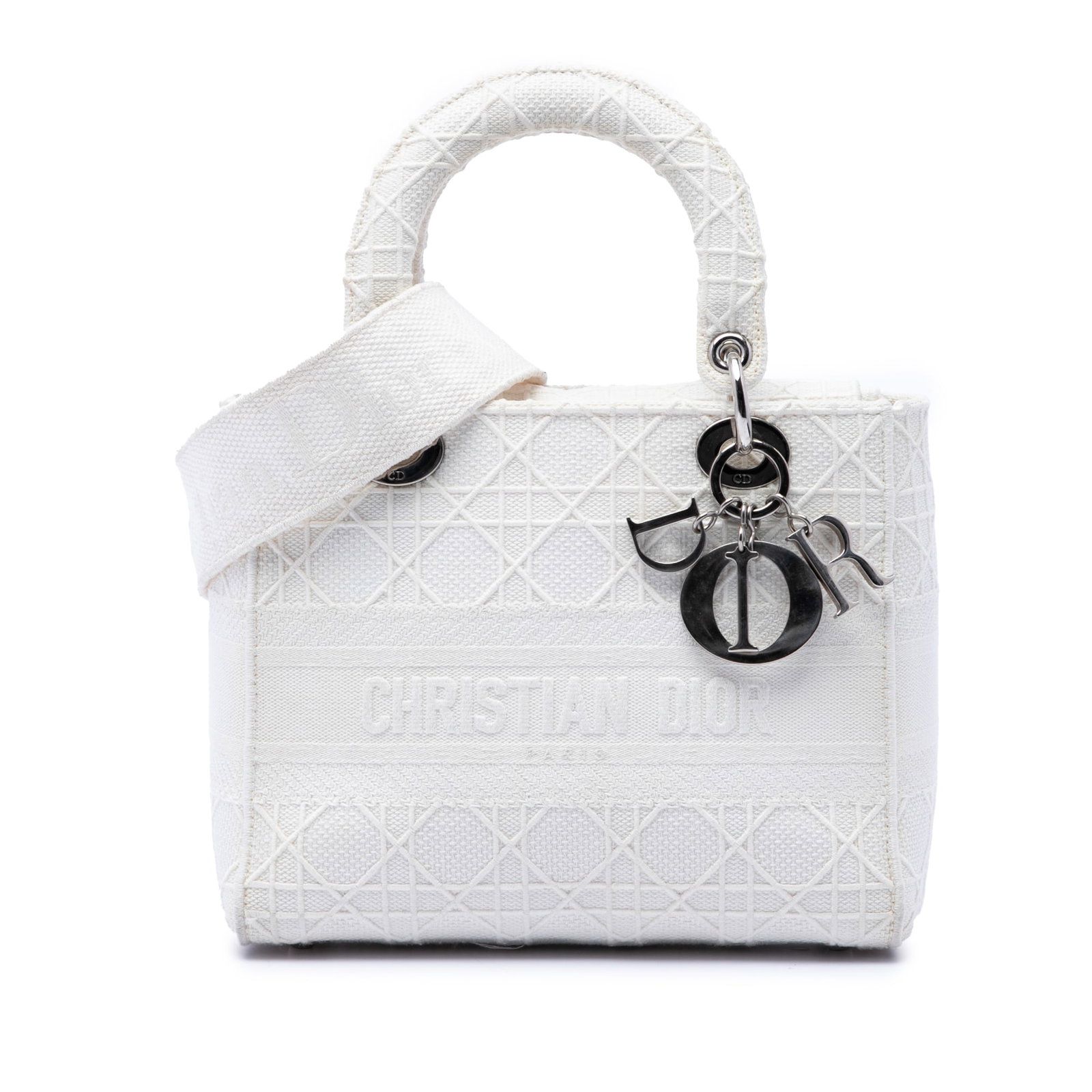Dior Lady D Lite Medium Cannage Canvas Handbag White: Dior Lady D Lite Medium Cannage Canvas Handbag White Medium Lady D-Lite bag in white canvas with Cannage detailing. It features flat top handles, a detachable flat shoulder strap, a fold-in flap closu