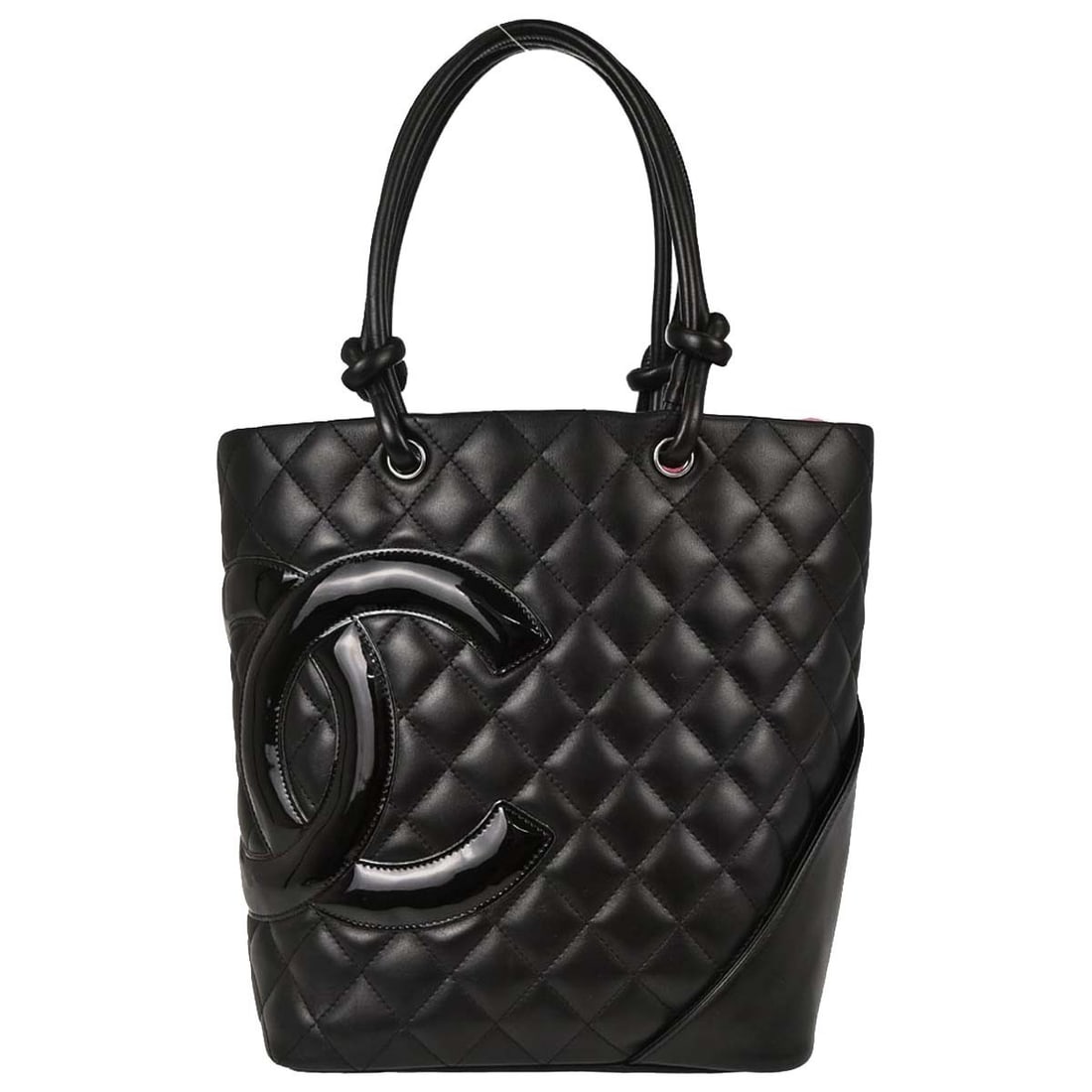 CHANEL Cambon Ligne Medium Black Calfskin Tote Bag: CHANEL Cambon Ligne Medium Black Calfskin Tote Bag Chanel Cambon Ligne tote handbag in black calfskin leather with quilted logo accents and patent leather trim. This medium tote features double black 