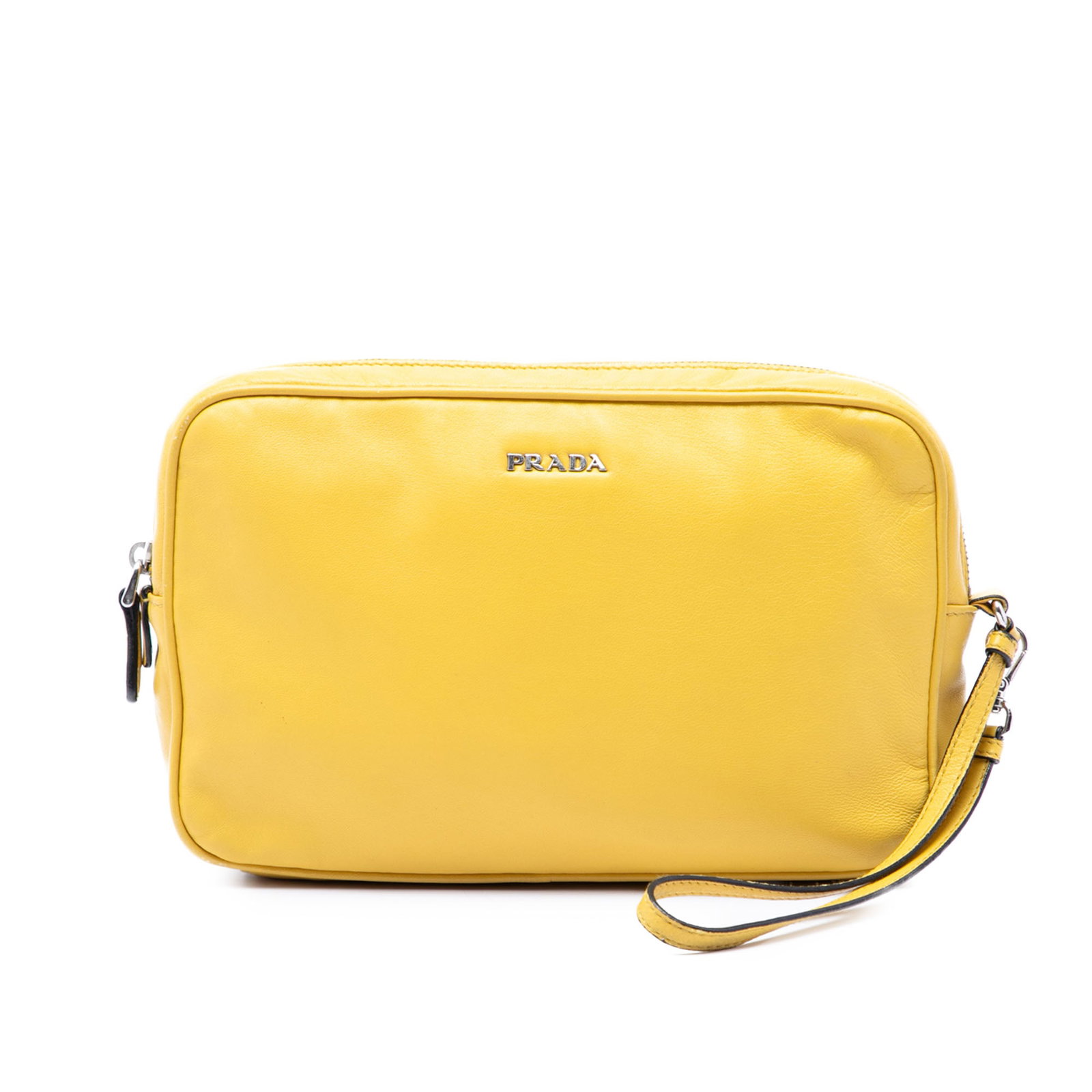 Prada Leather Wristlet Clutch Bag Yellow: Prada Leather Wristlet Clutch Bag Yellow Prada leather wristlet clutch in yellow with a detachable leather handle, top zip closure, and an interior zip pocket. Made in Italy. Condition is B+ with note