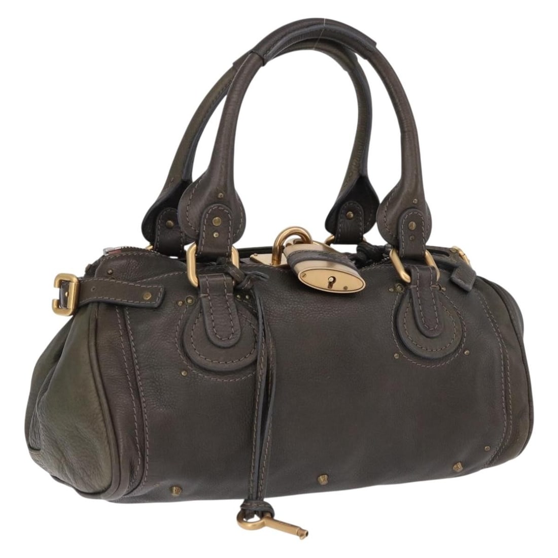 Chloe Paddington Leather Hand Bag Khaki Silver Gold Dust Bag: Chloe Paddington Leather Hand Bag Khaki Silver Gold Dust Bag Chloe Paddington handbag in khaki leather with silver and gold-tone accents. Made in Italy, this women's handbag includes a dust bag. Condi