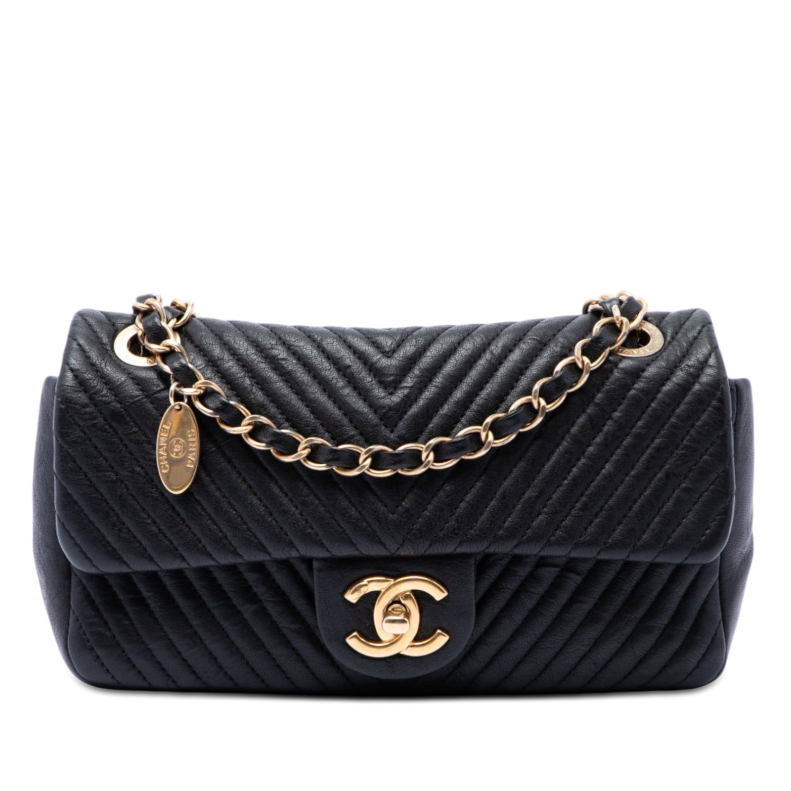 Chanel Medallion Charm Surpique Flap Shoulder Bag Black Leather: Chanel Medallion Charm Surpique Flap Shoulder Bag Black Leather Chanel Small Chevron Wrinkled Calfskin Medallion Charm Surpique Flap shoulder bag in black leather with leather-woven chain shoulder str